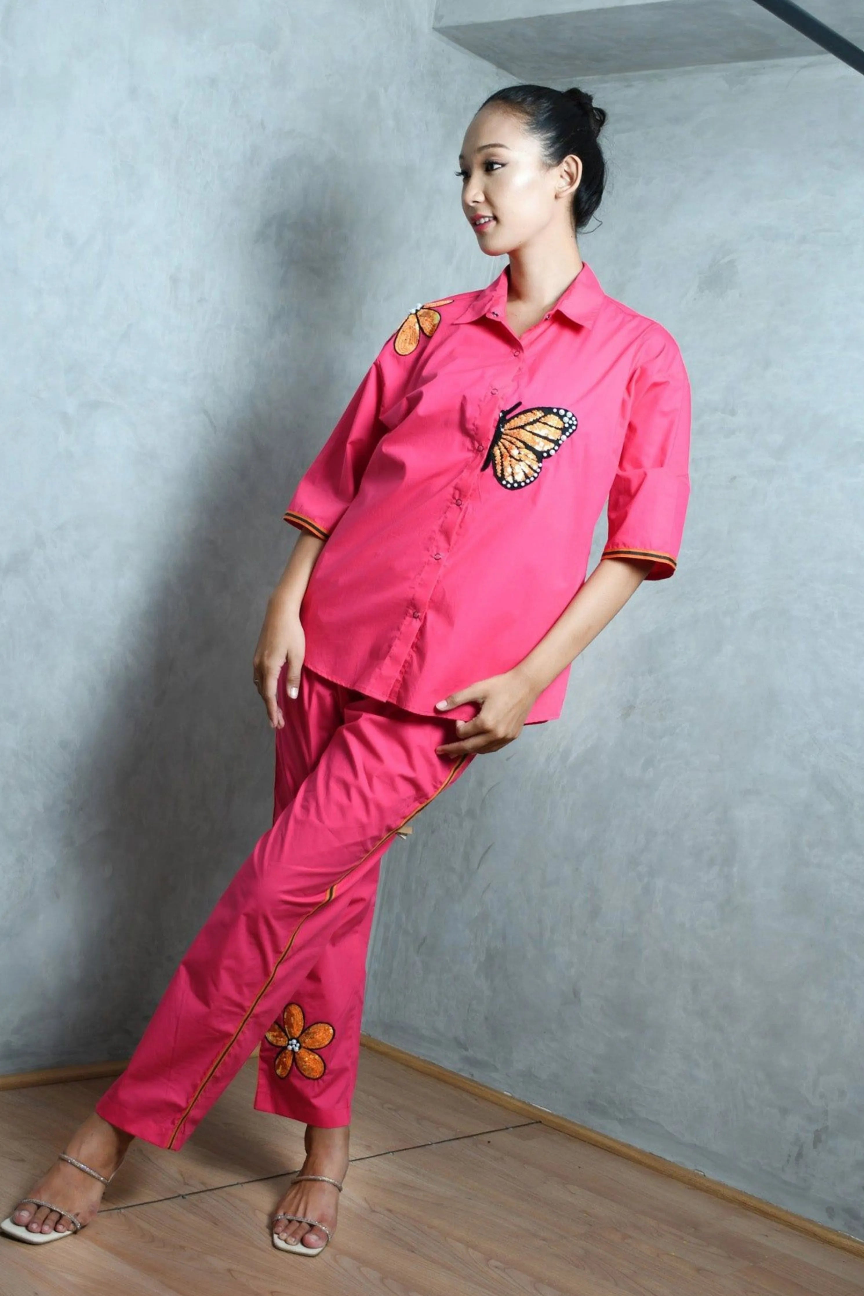 Hot Pink Cotton Co-Ord Set With Oversized Shirt And Straight Pants