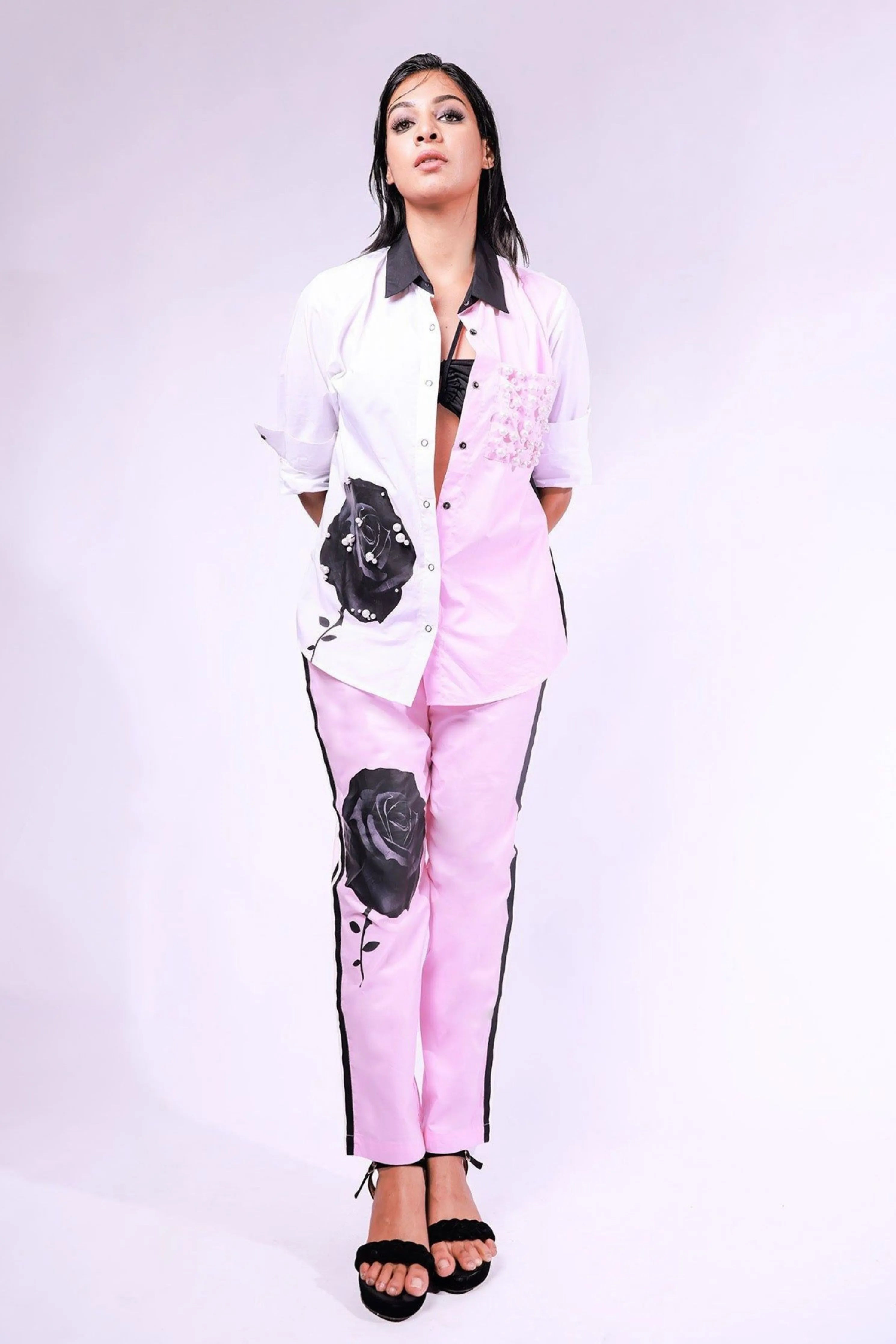 Pink & White Comfort Fit Cotton Shirt With Embellishment