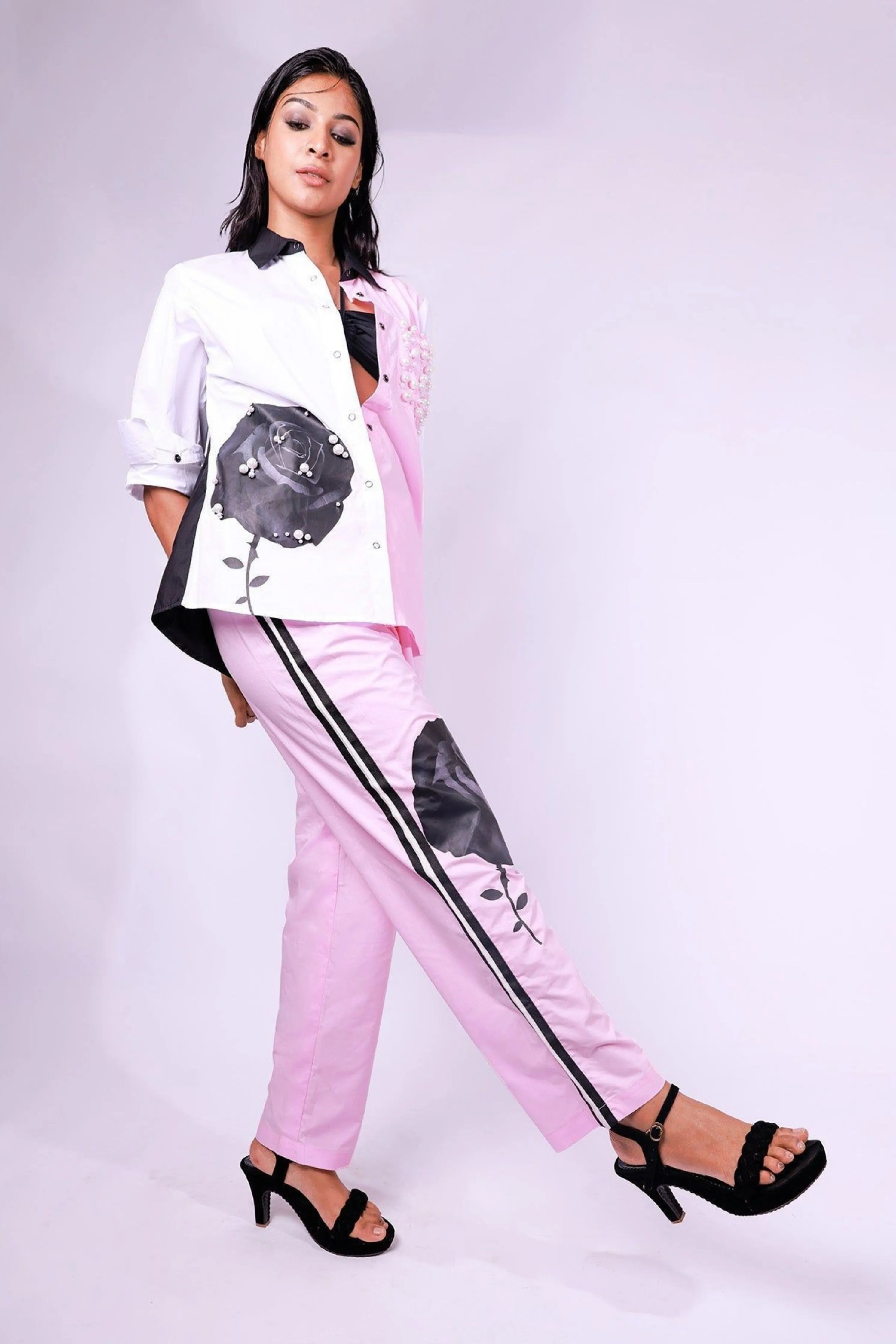 Pink & White Comfort Fit Cotton Shirt With Embellishment
