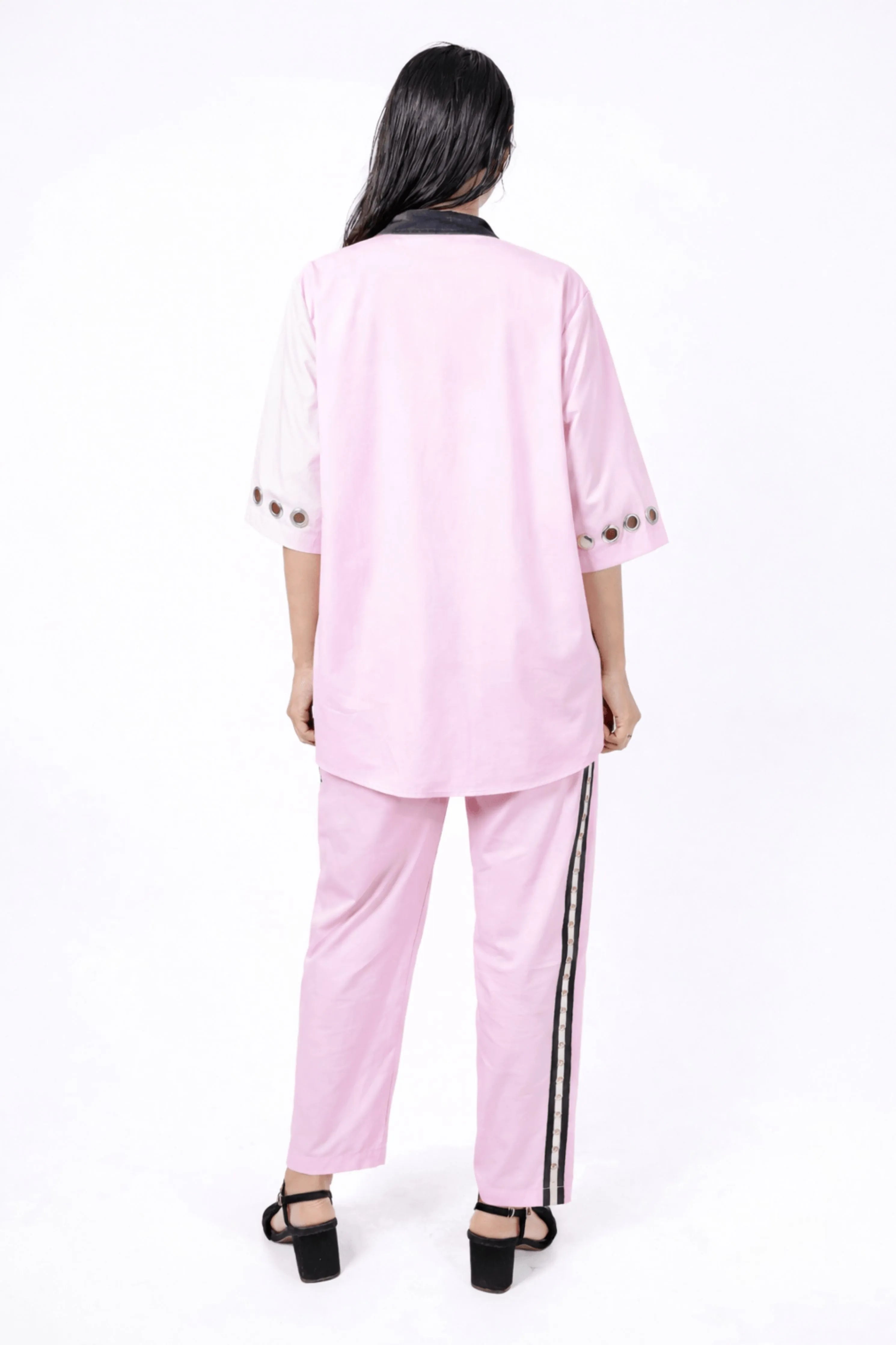 Pink Cotton Co-Ord Set With Oversized Shirt And Straight Pants With Eyelets