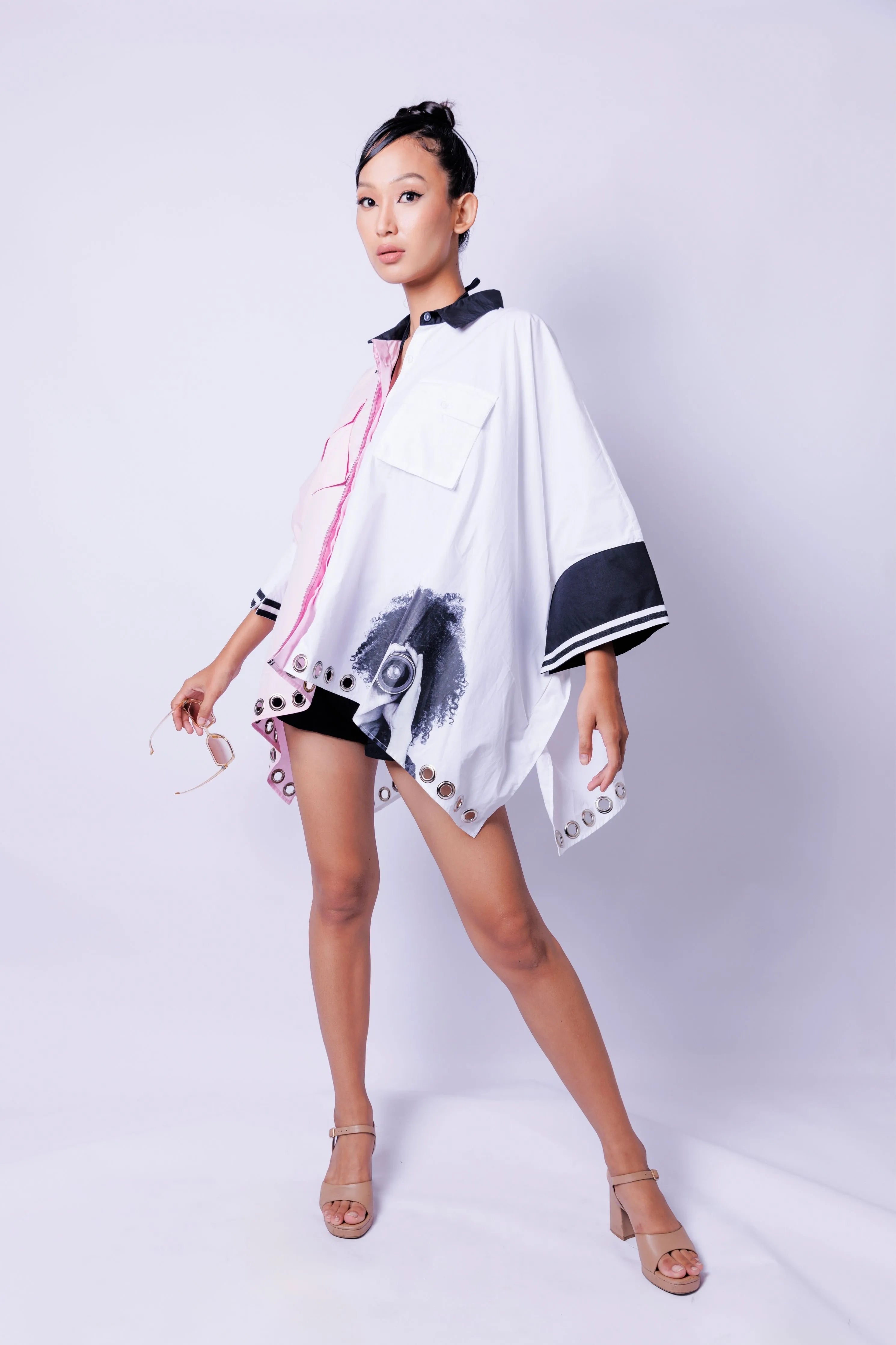 Pink & White Loose Fit Cotton Poncho Shirt With Pockets