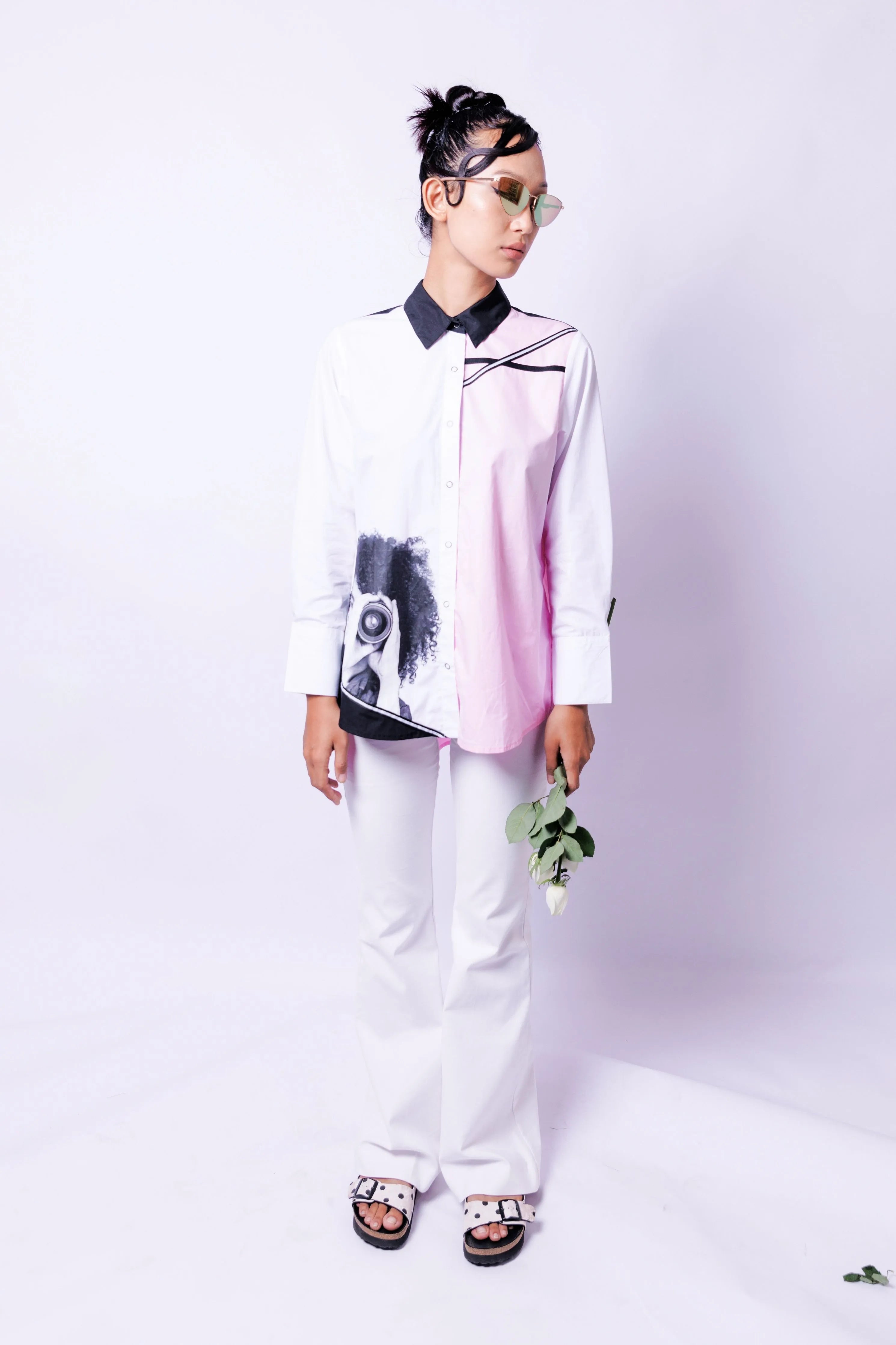 Pink & White Comfort Fit Cotton Shirt With Pleated Back