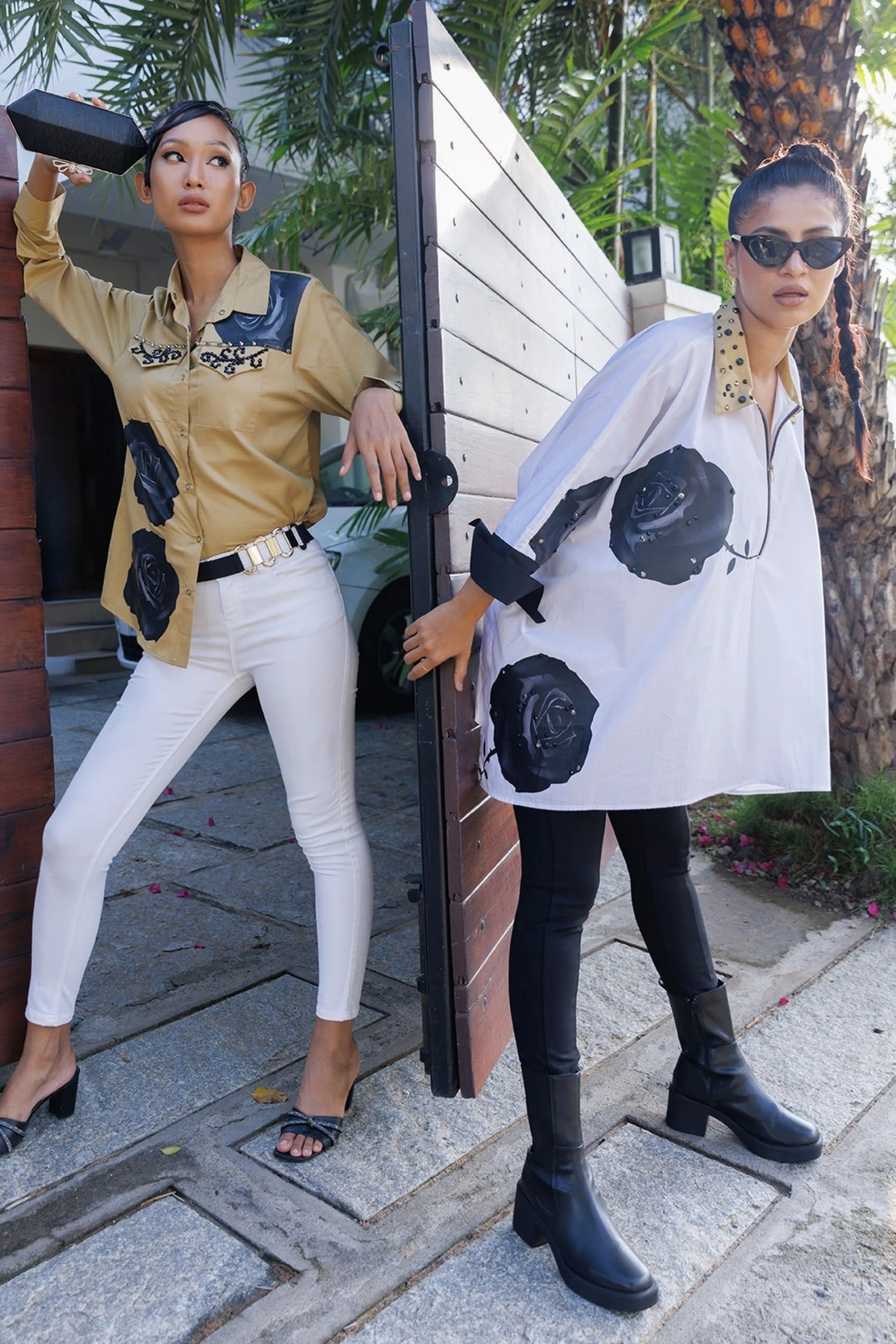 White Loose Fit Cotton Poncho Shirt With Print