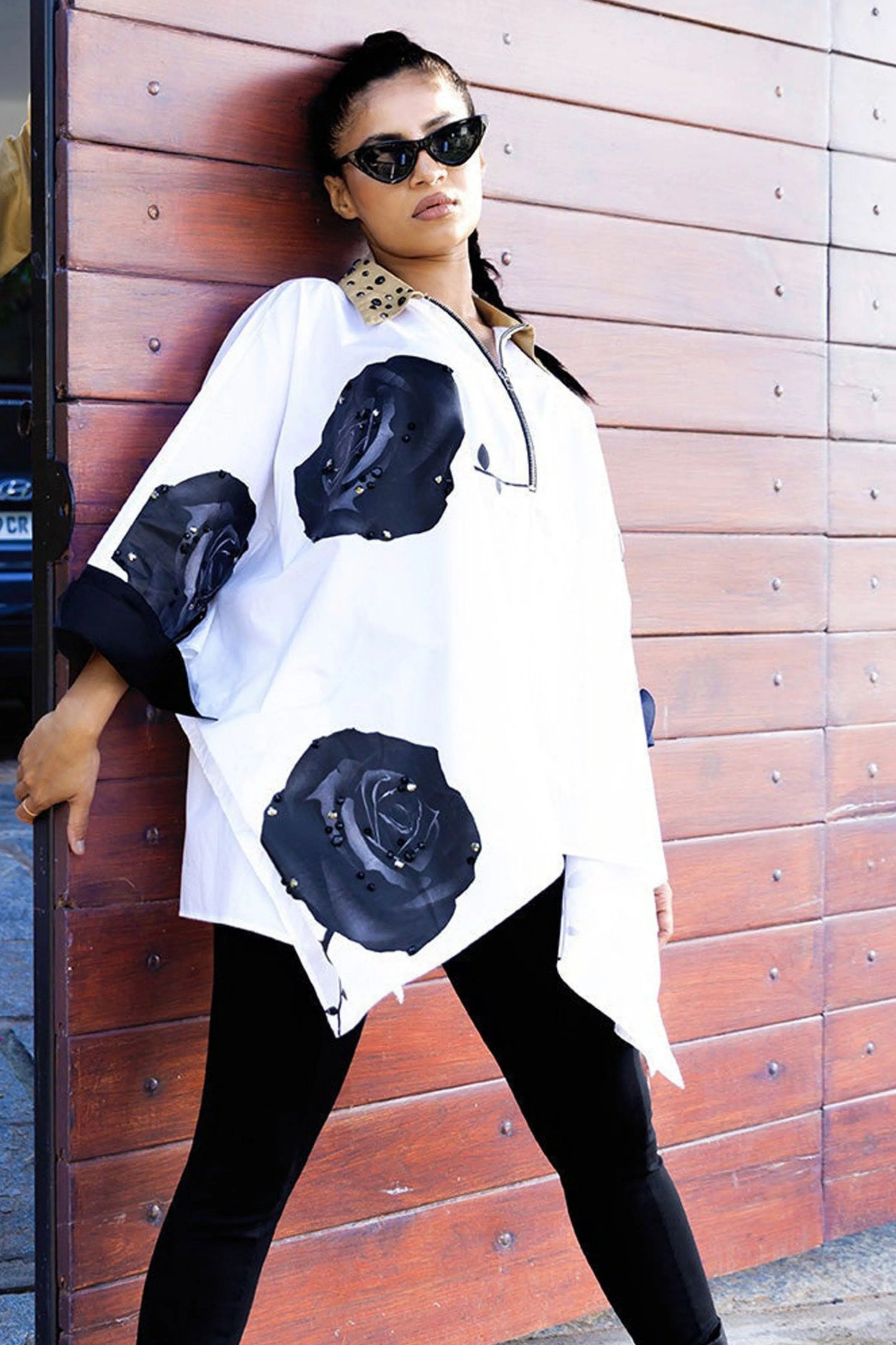White Loose Fit Cotton Poncho Shirt With Print