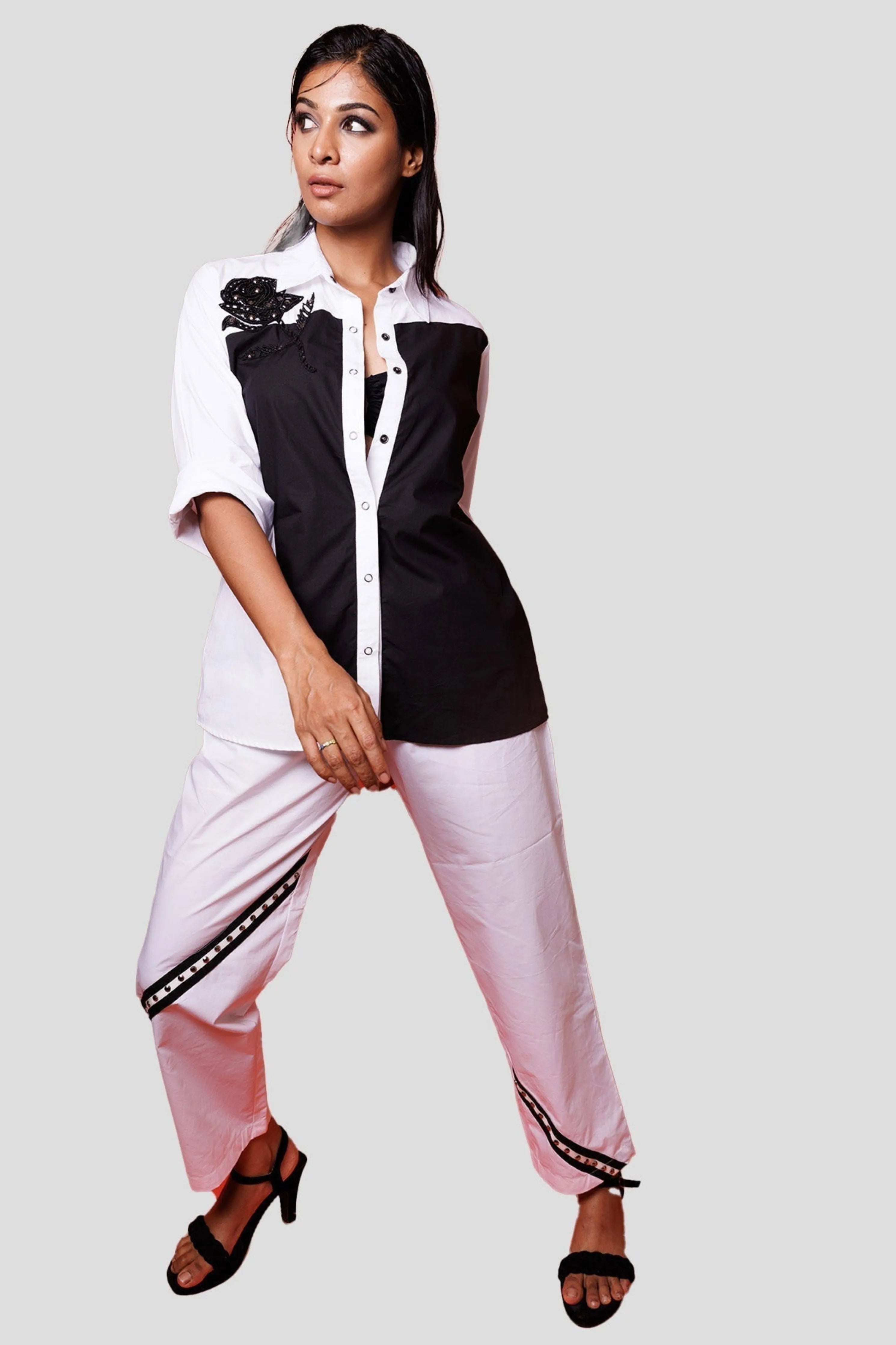 Black & White Cotton Co-Ord Set With Shirt And Pants Set