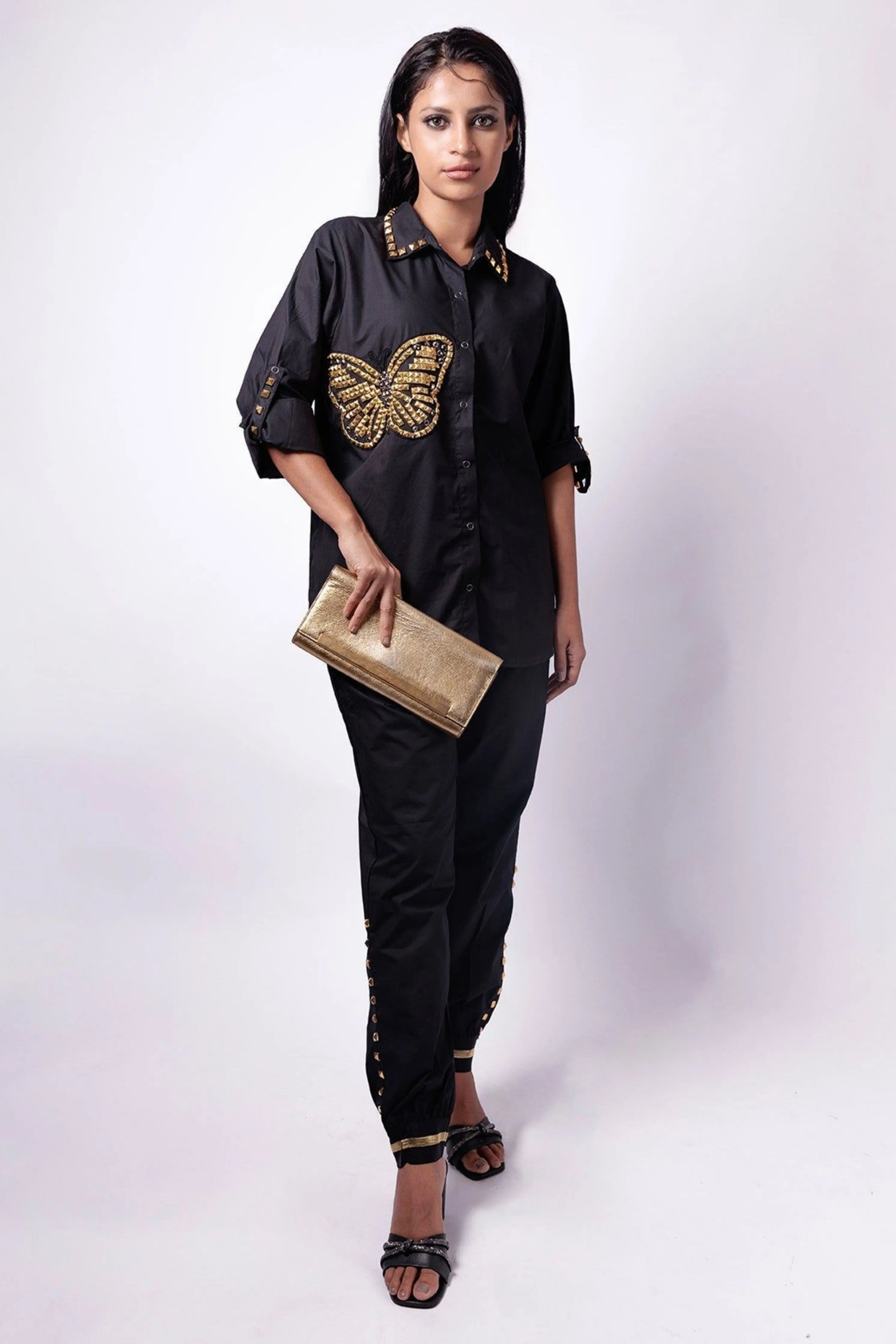 Black Comfort Fit Cotton Shirt With Pockets And Studwork