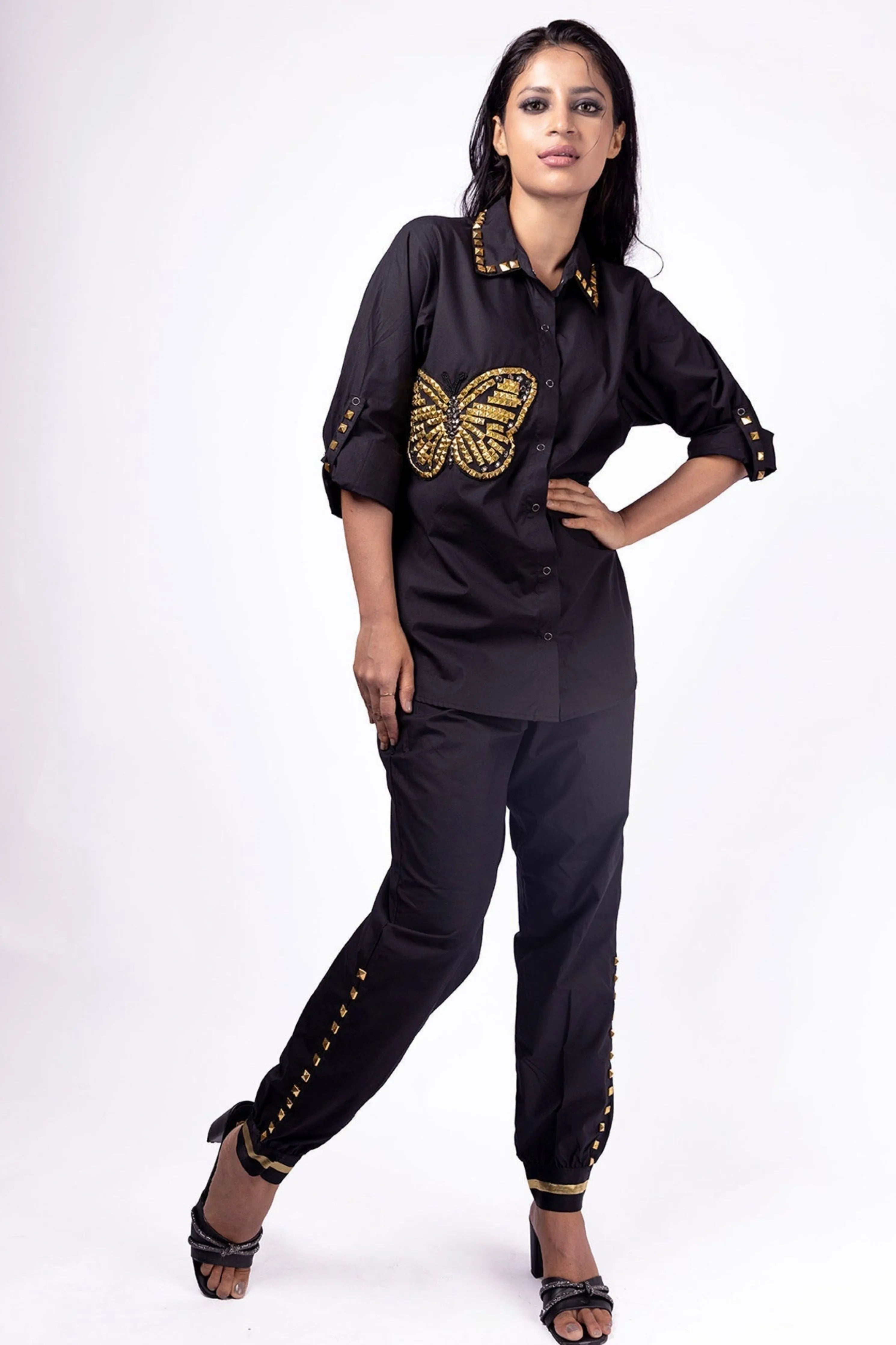 Black Comfort Fit Cotton Shirt With Pockets And Studwork
