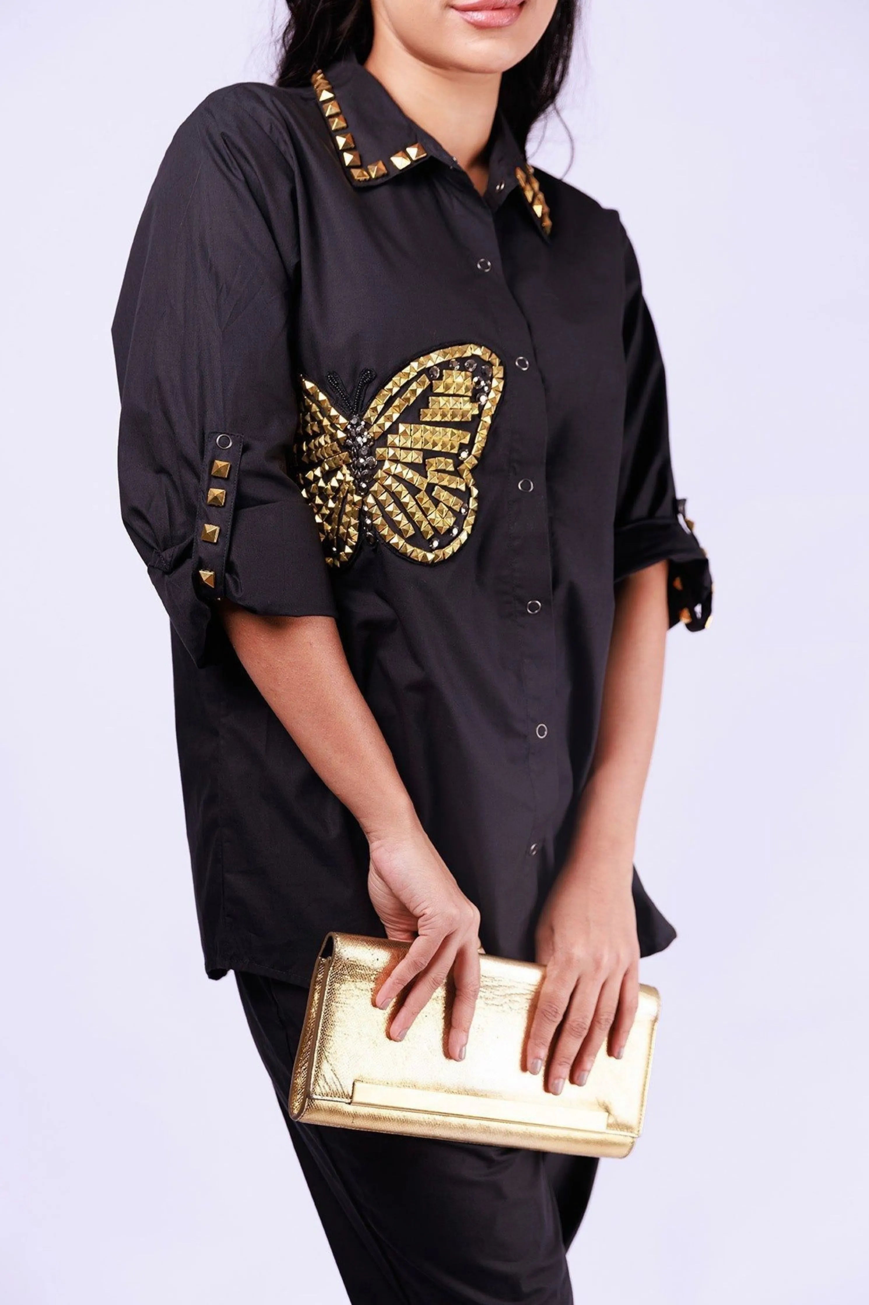 Black Comfort Fit Cotton Shirt With Pockets And Studwork