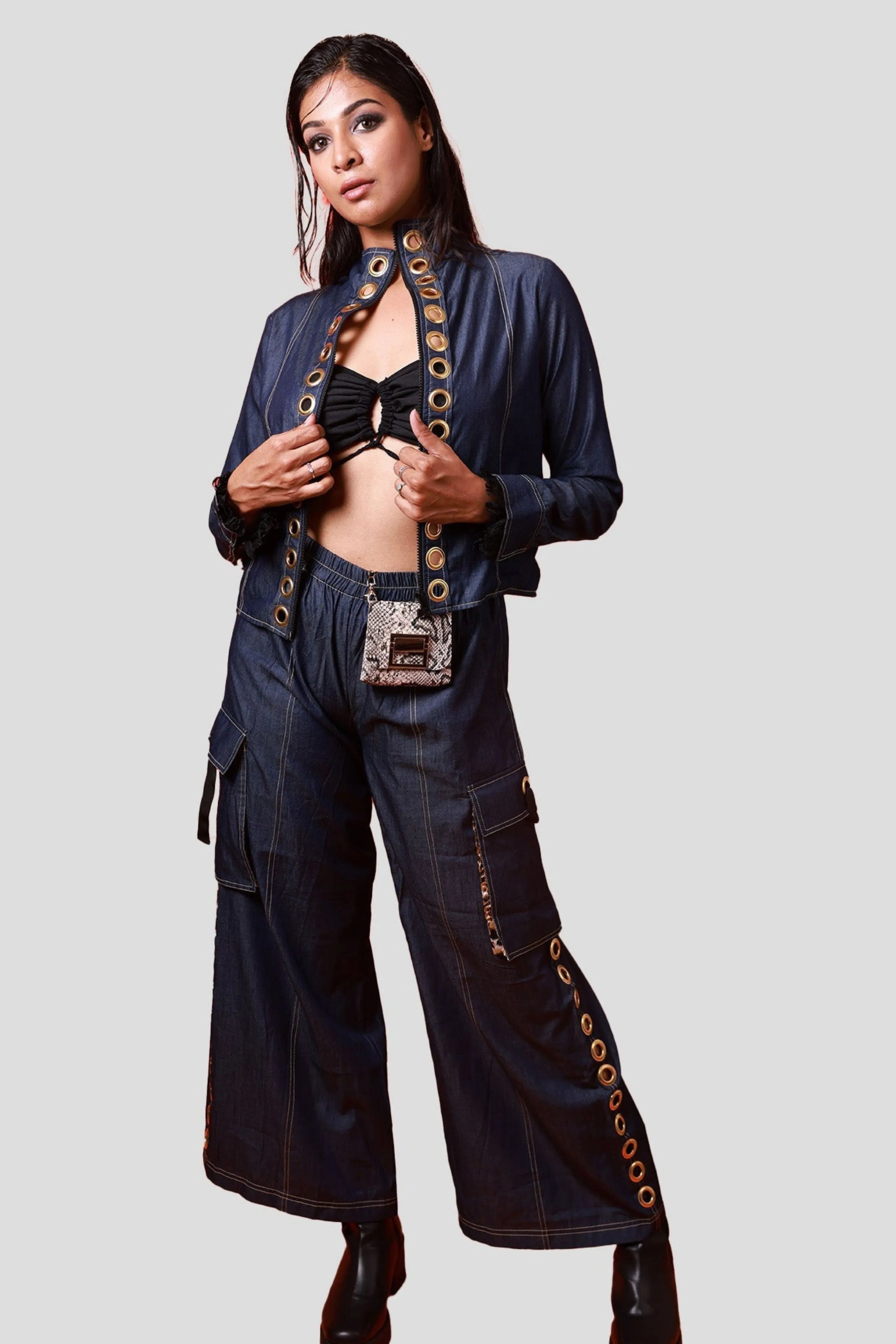 Blue Denim Co-Ord Set With Eyelet Jacket And Cargo Pants