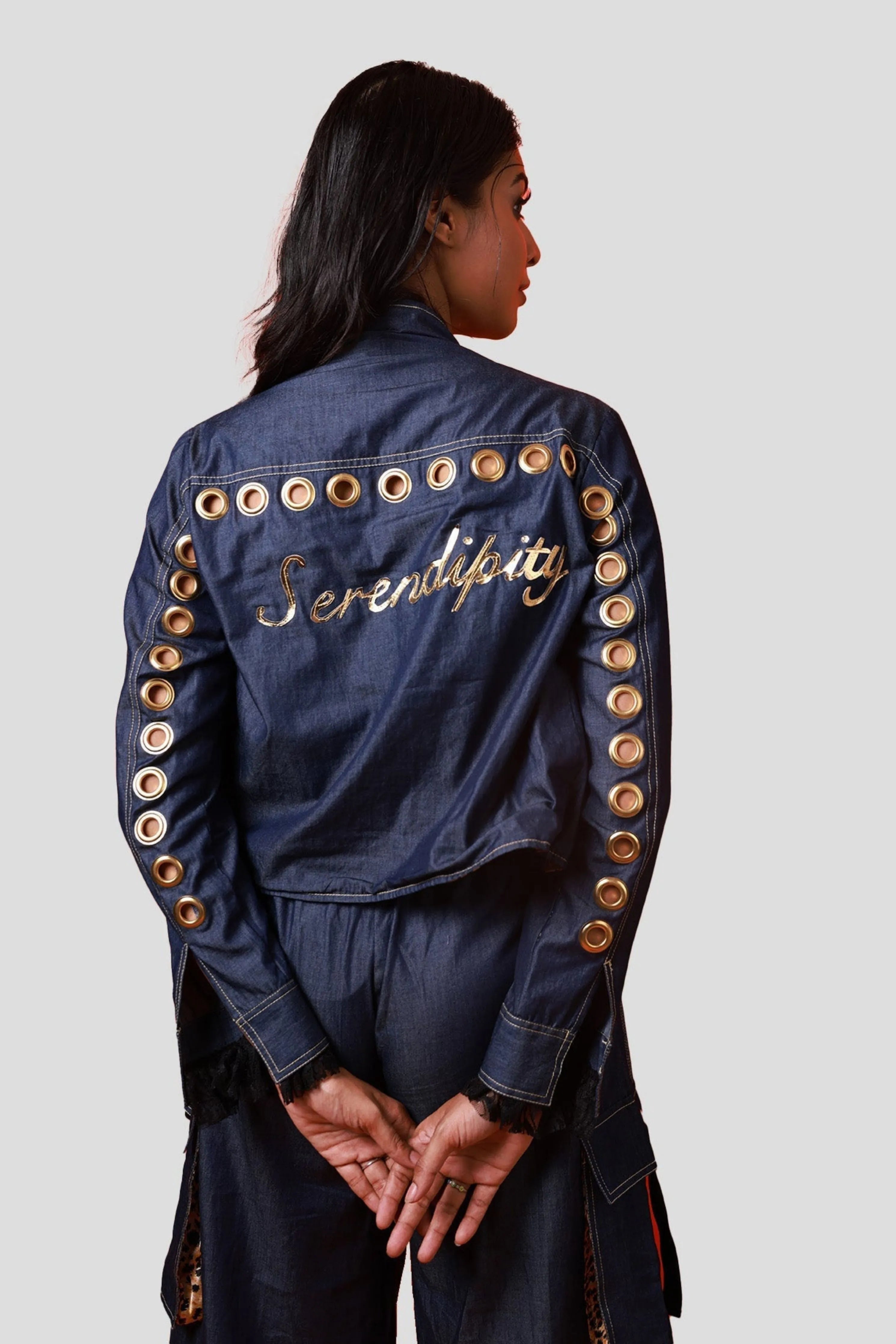 Blue Denim Co-Ord Set With Eyelet Jacket And Cargo Pants
