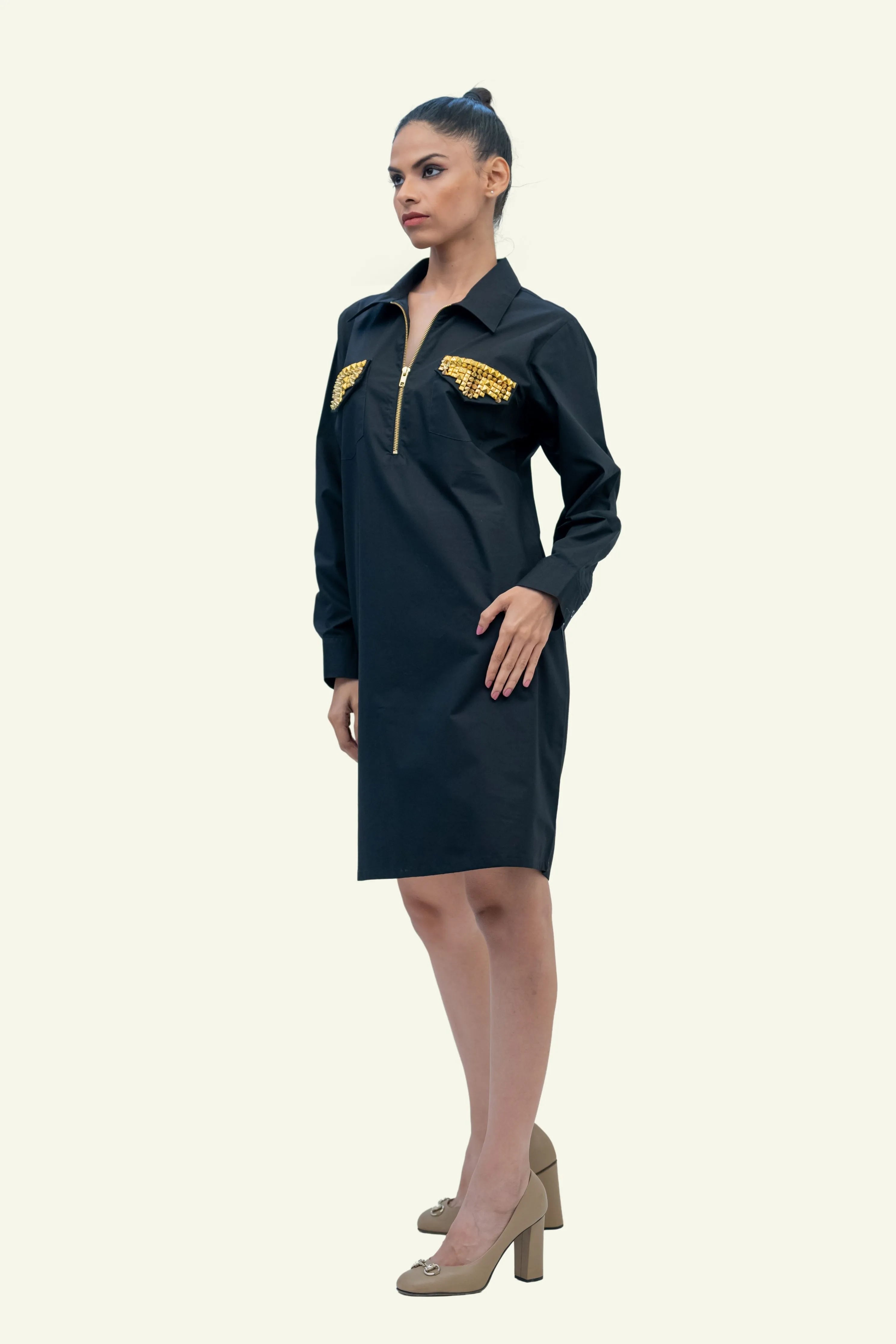 Black Cotton Dress with Stud Work