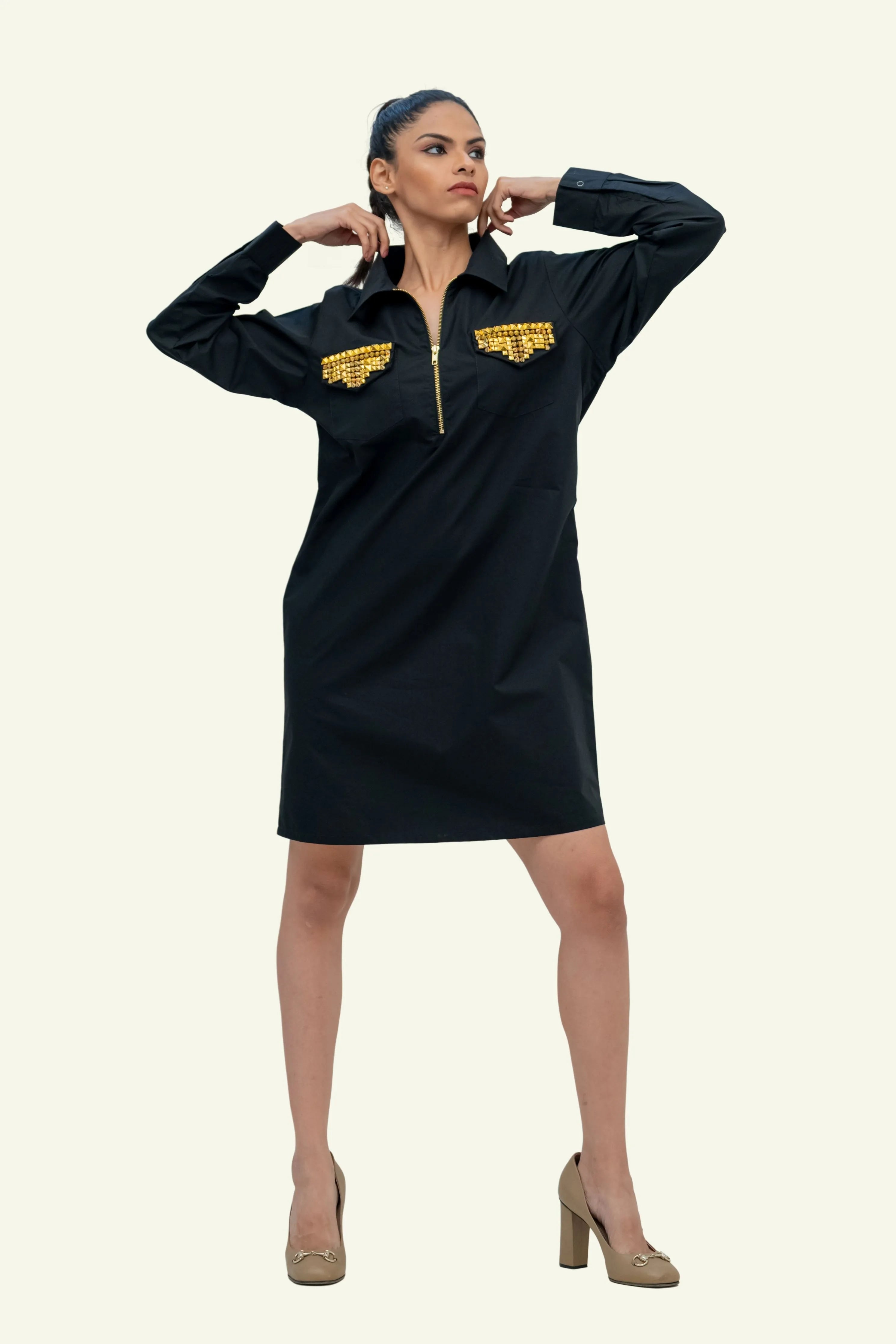 Black Cotton Dress with Stud Work