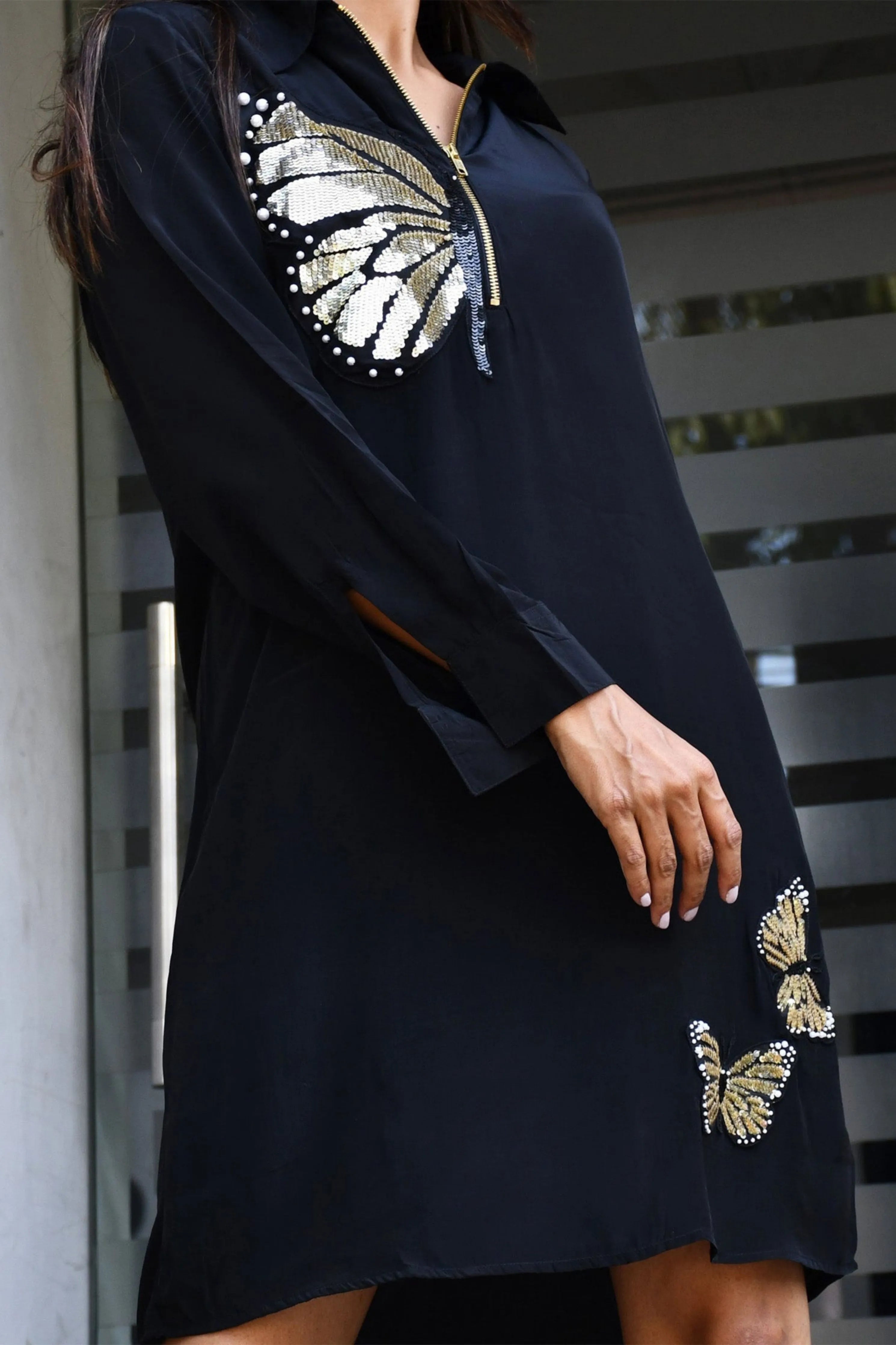Black One Piece Crepe Dress With Sequin Embroidery