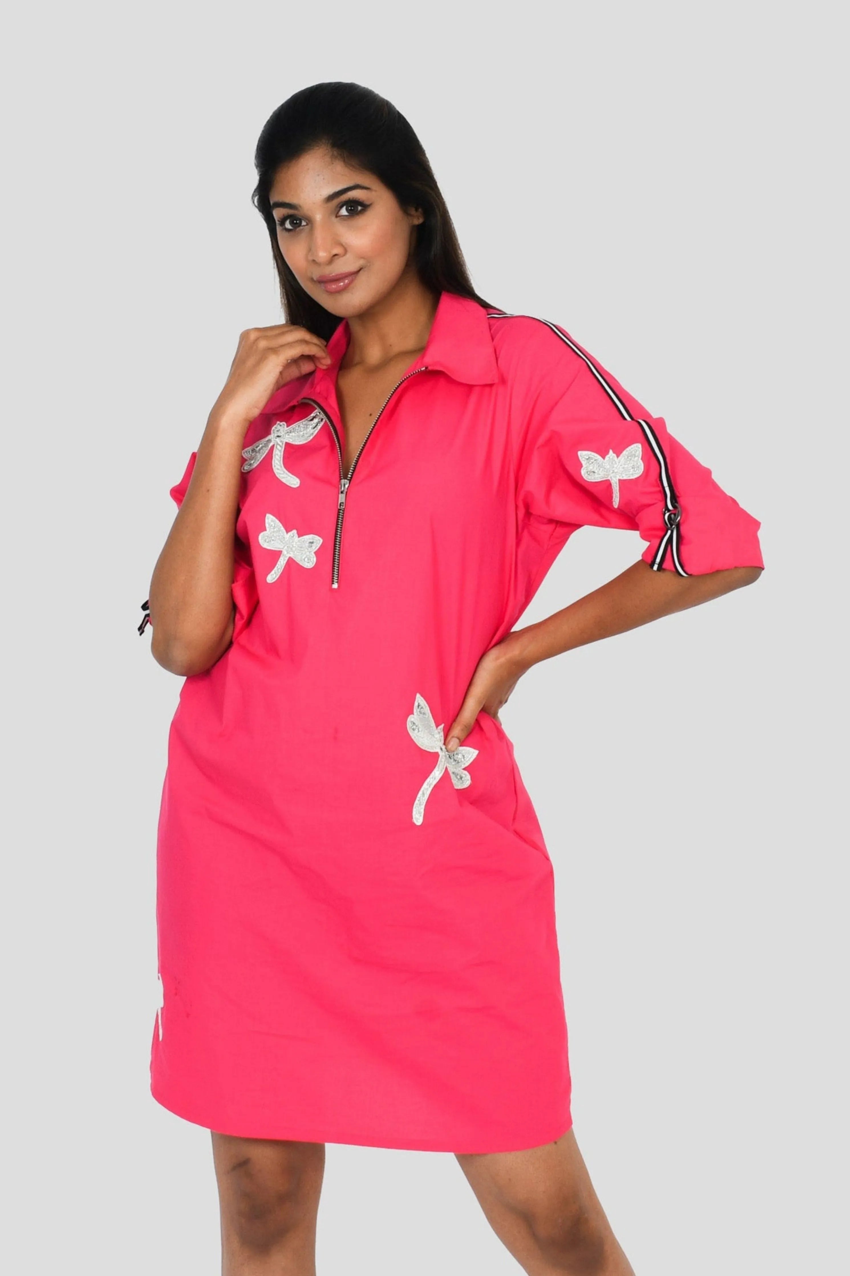 Hot Pink One Piece Comfort Fit Cotton Dress With Embroidery