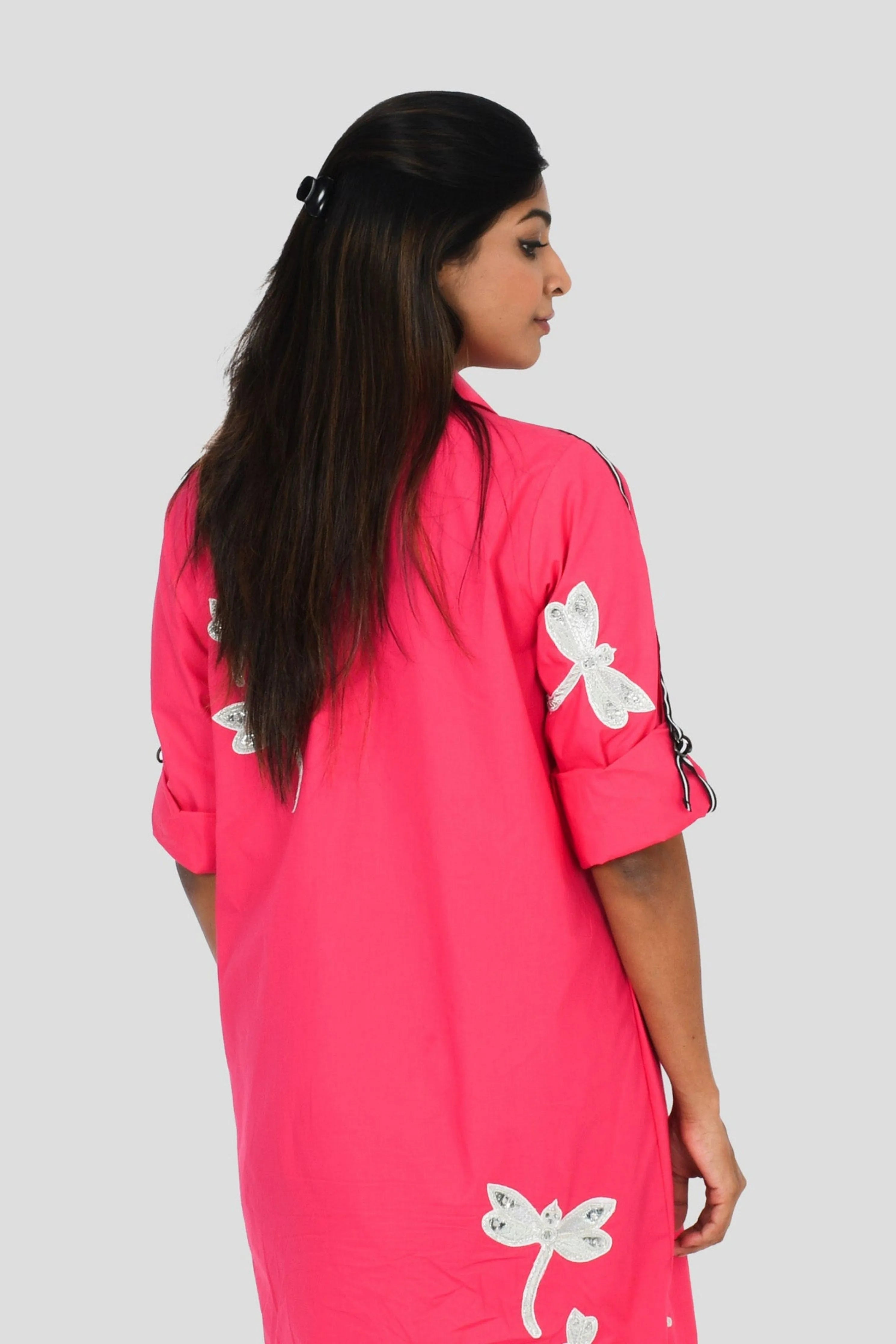 Hot Pink One Piece Comfort Fit Cotton Dress With Embroidery