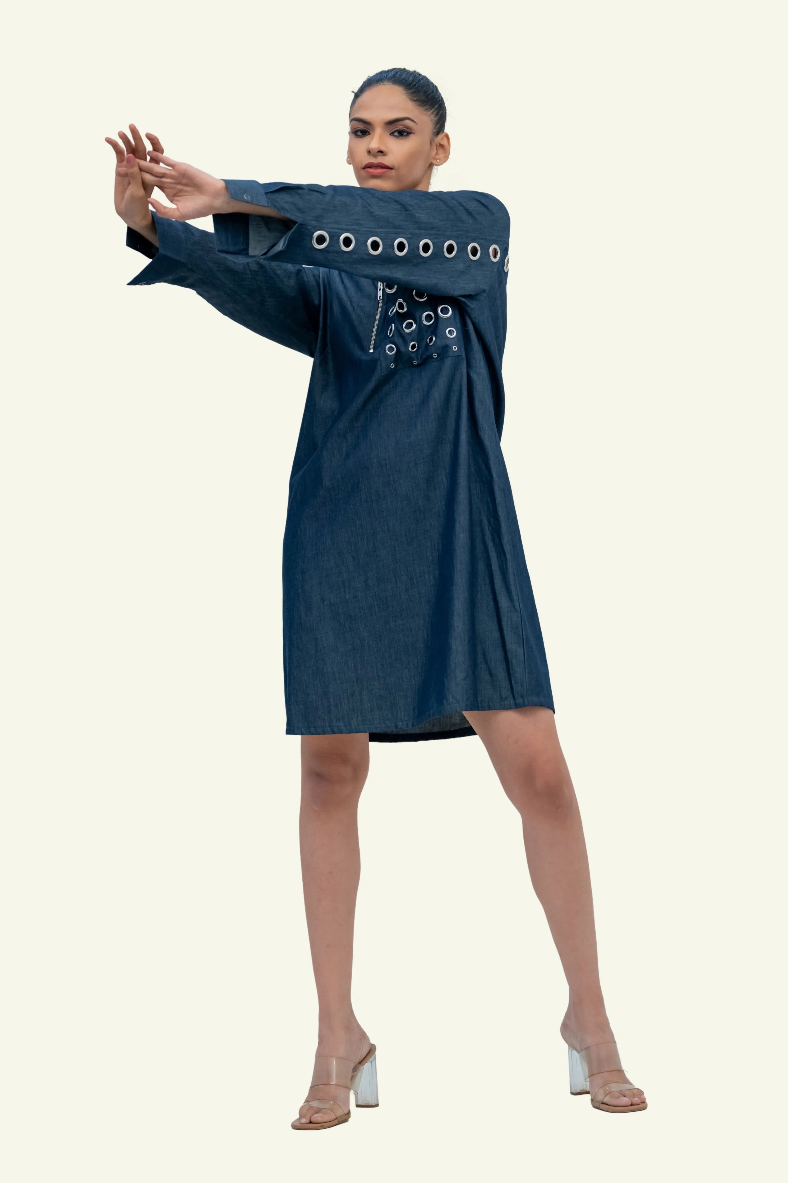 Blue Denim Cotton Dress with Eyelets