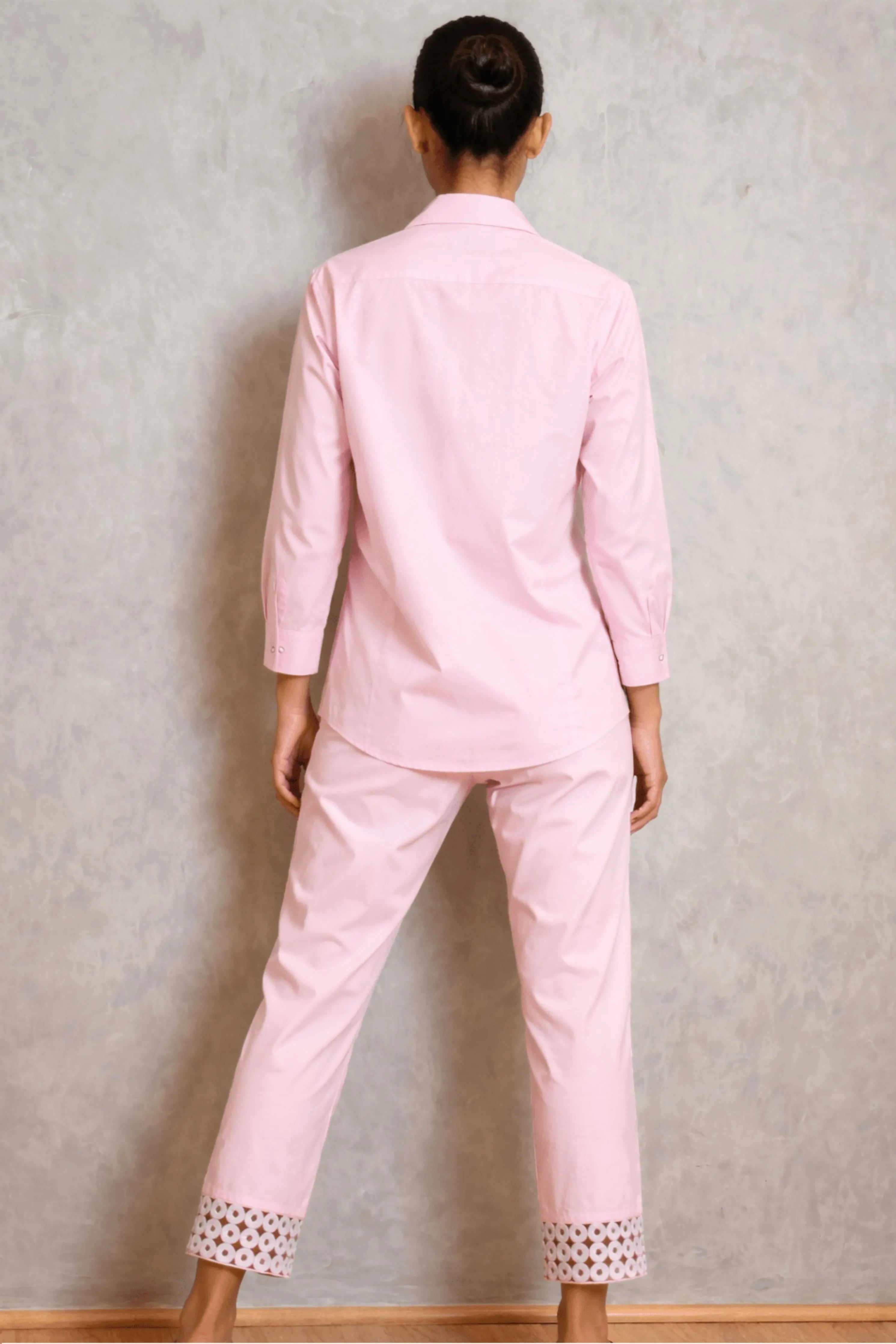 Pink Cotton Comfort Fit Shirt With Cutwork Embroidery