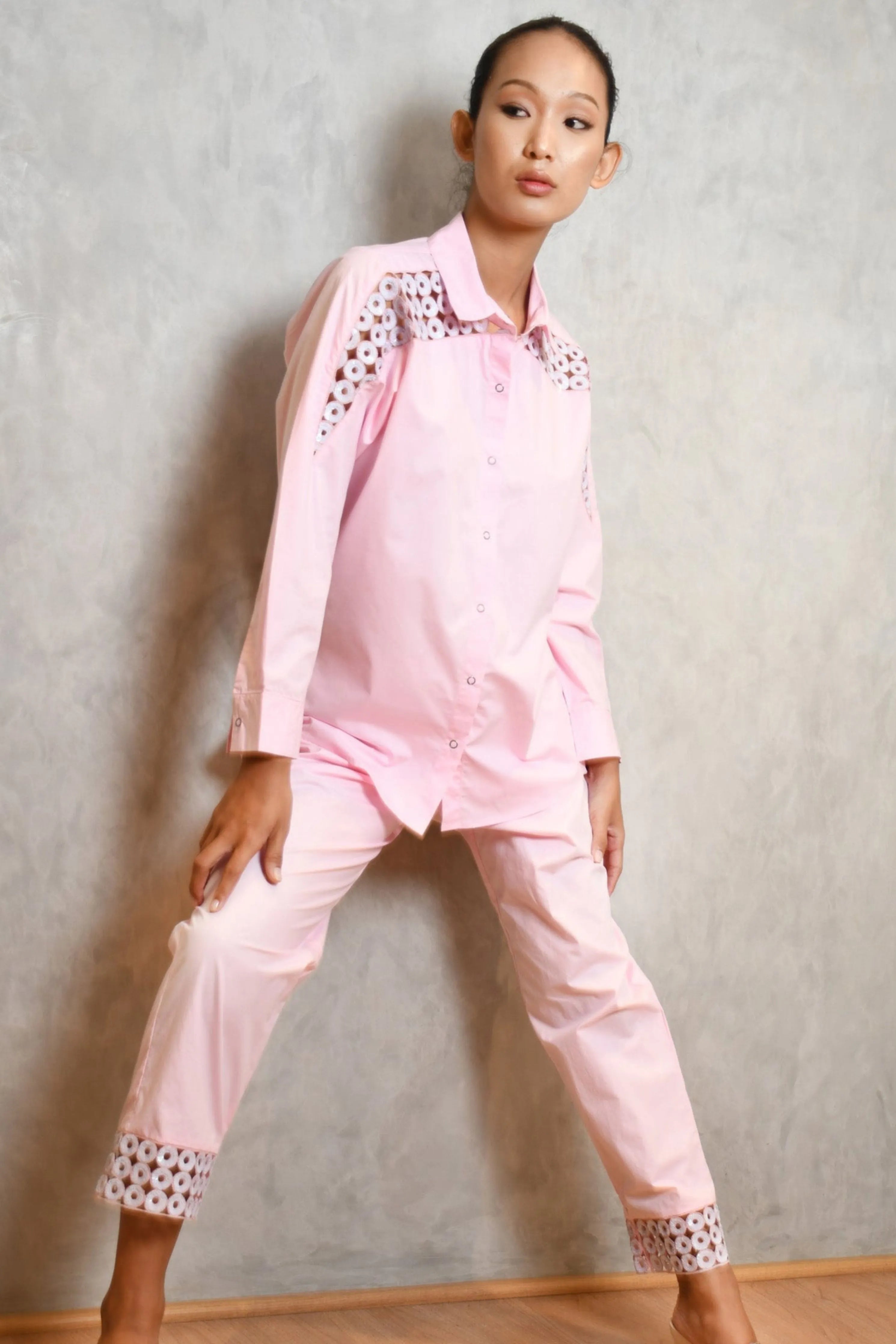 Pink Cotton Co-Ord Set With Cutwork Embroidery Shirt And Pants Set
