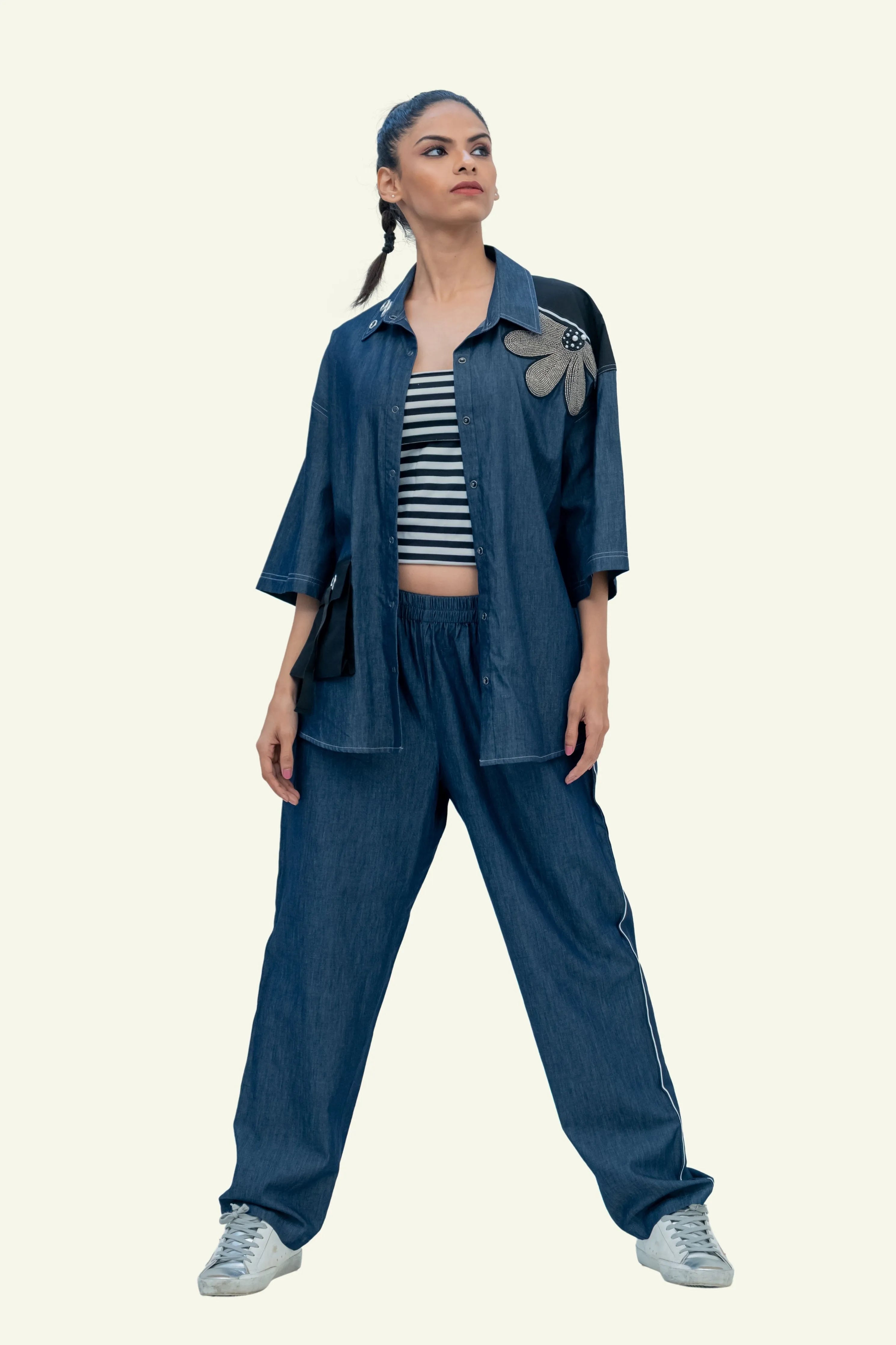 Blue Denim Cotton Oversized Shirt with Pants Co-ord Set with Embroidery