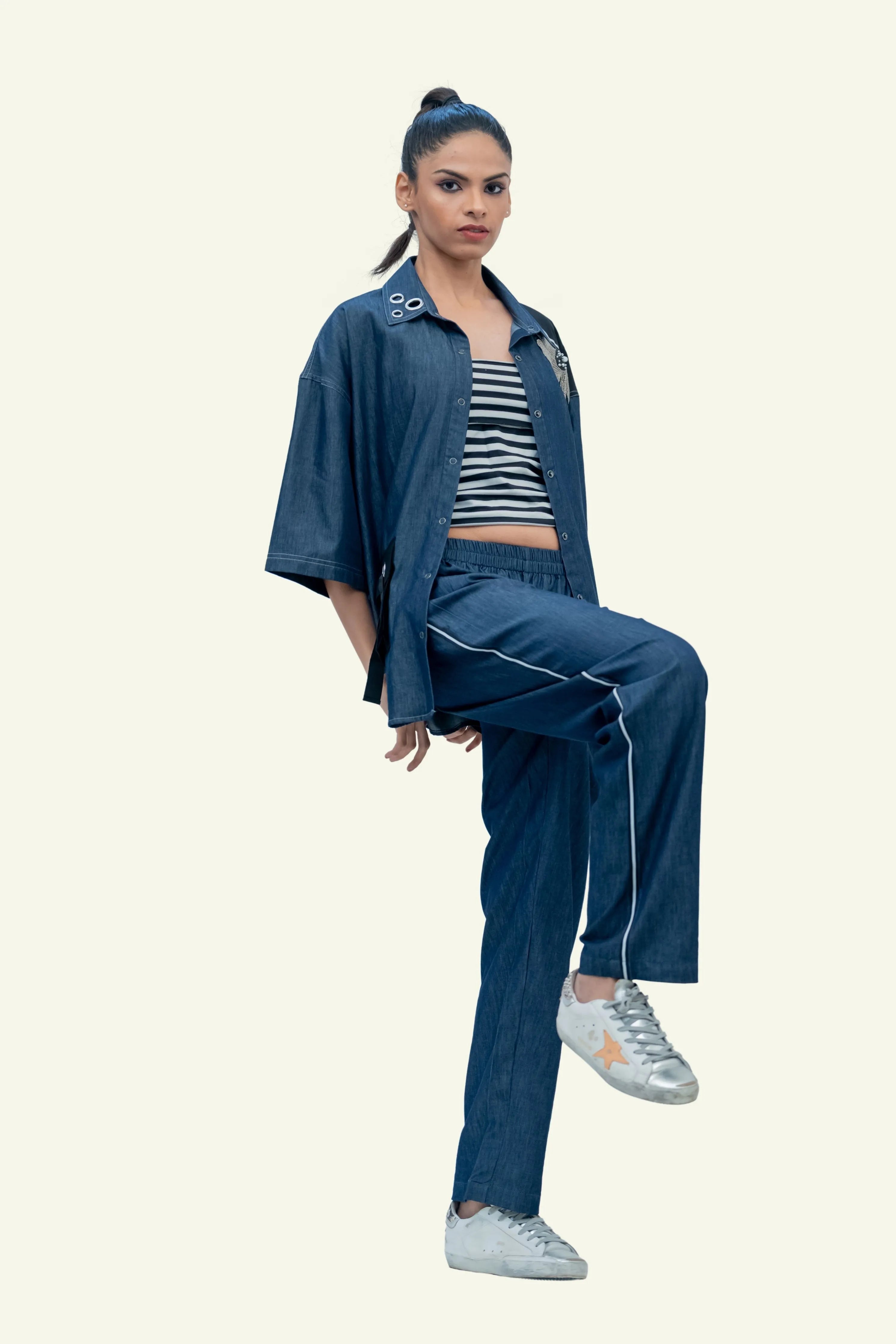 Blue Denim Cotton Oversized Shirt with Embroidery
