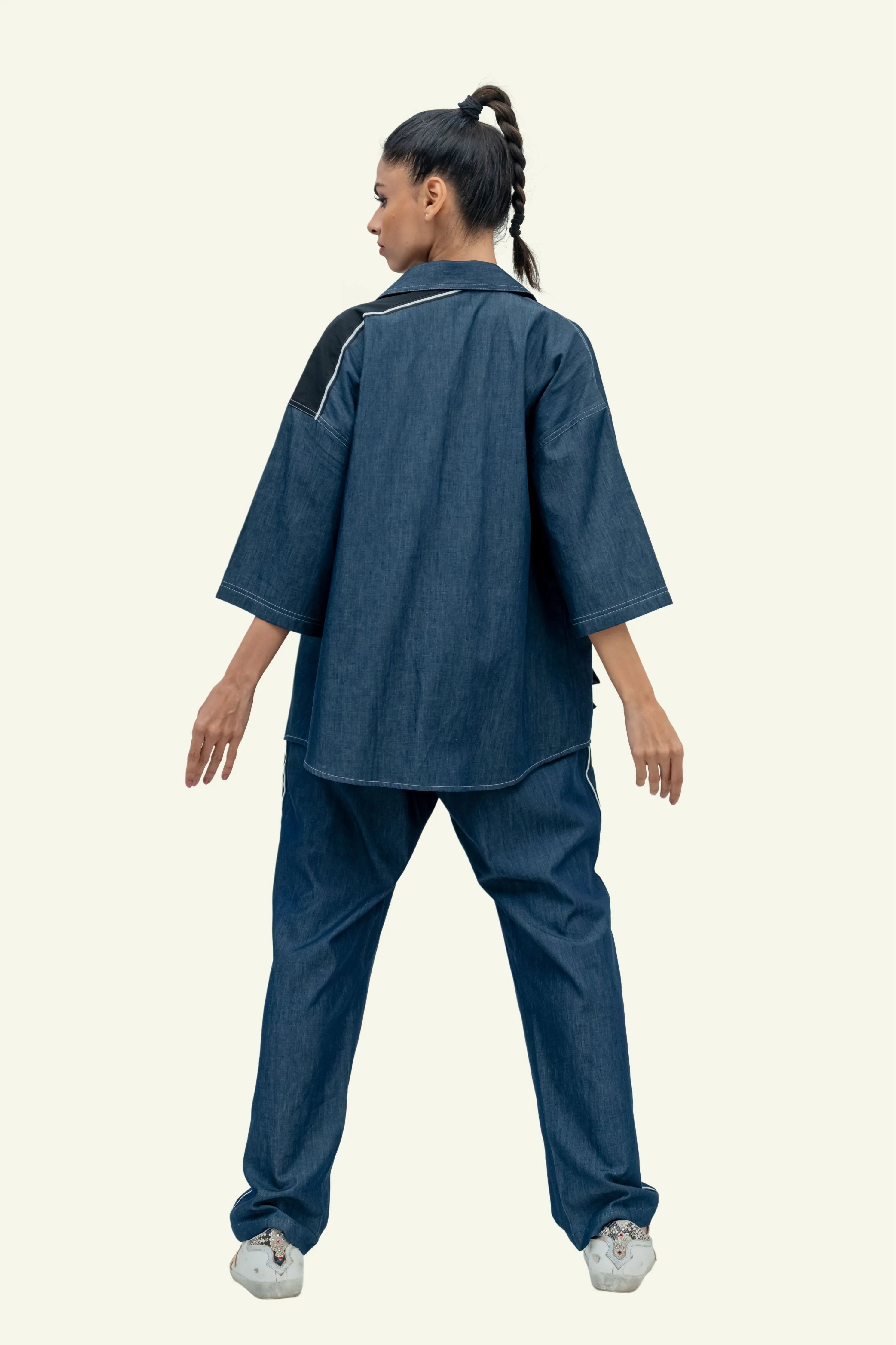 Blue Denim Cotton Oversized Shirt with Embroidery