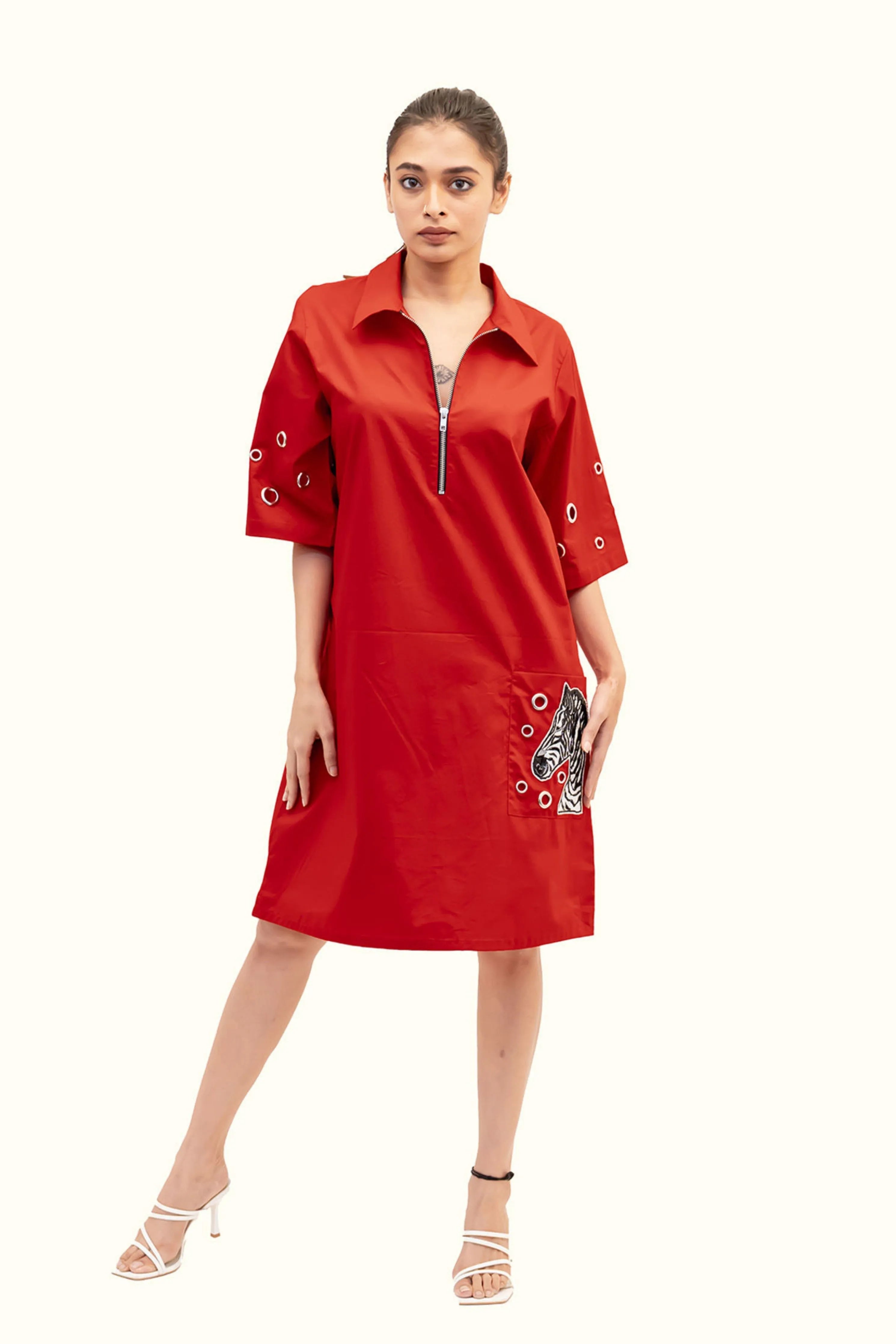 Red Cotton Dress With Embroidery