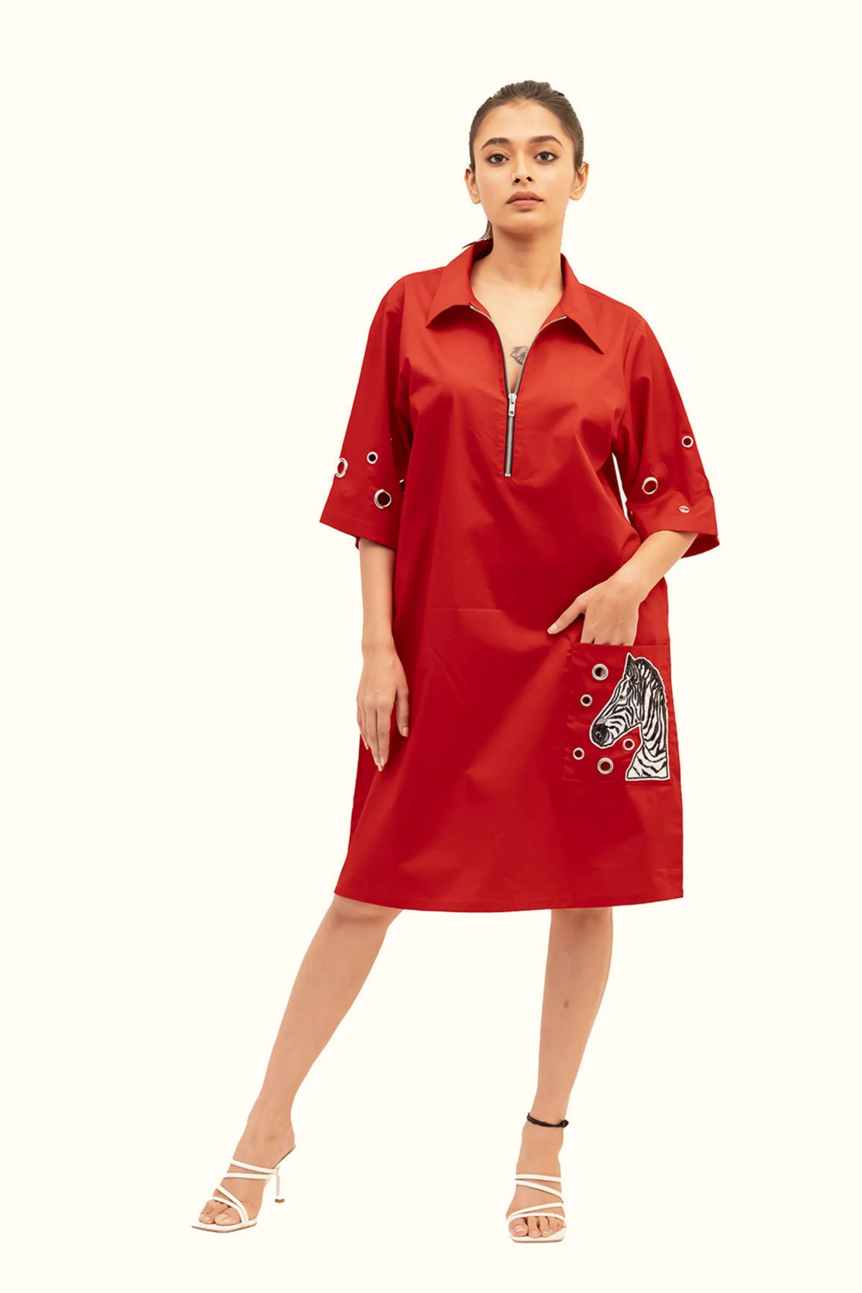 Red Cotton Dress With Embroidery