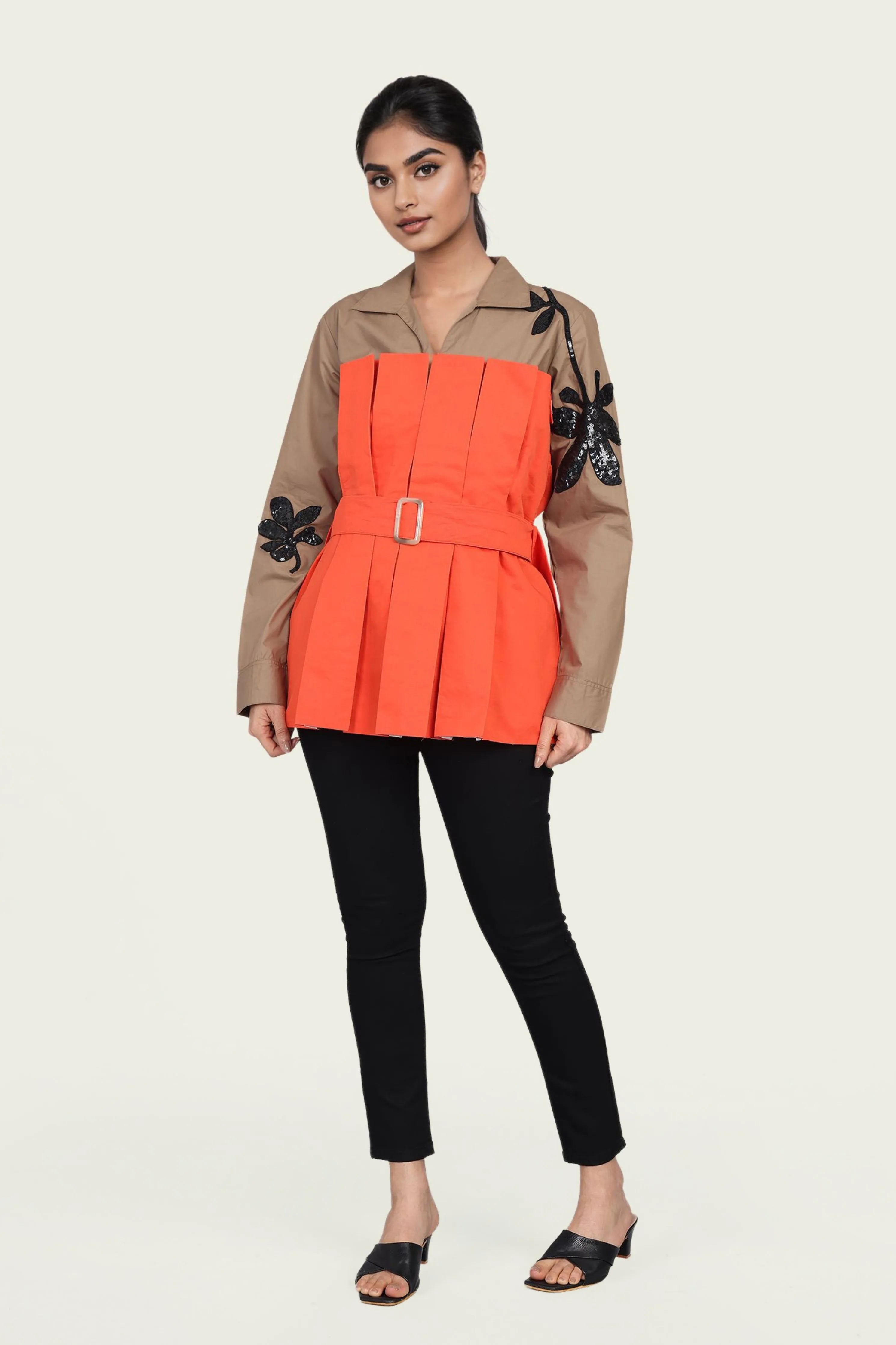 Brown and Orange Cotton Corset Shirt with Embroidery