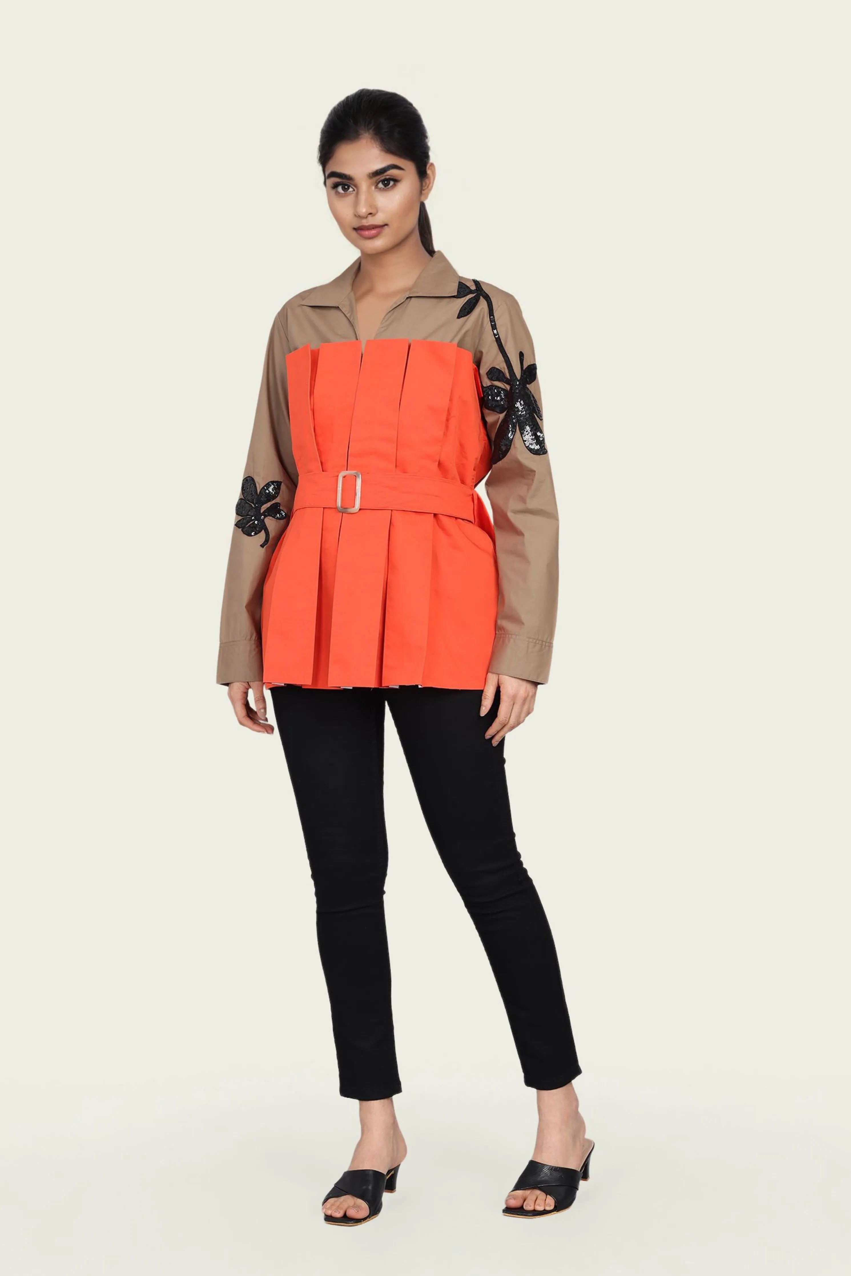Brown and Orange Cotton Corset Shirt with Embroidery