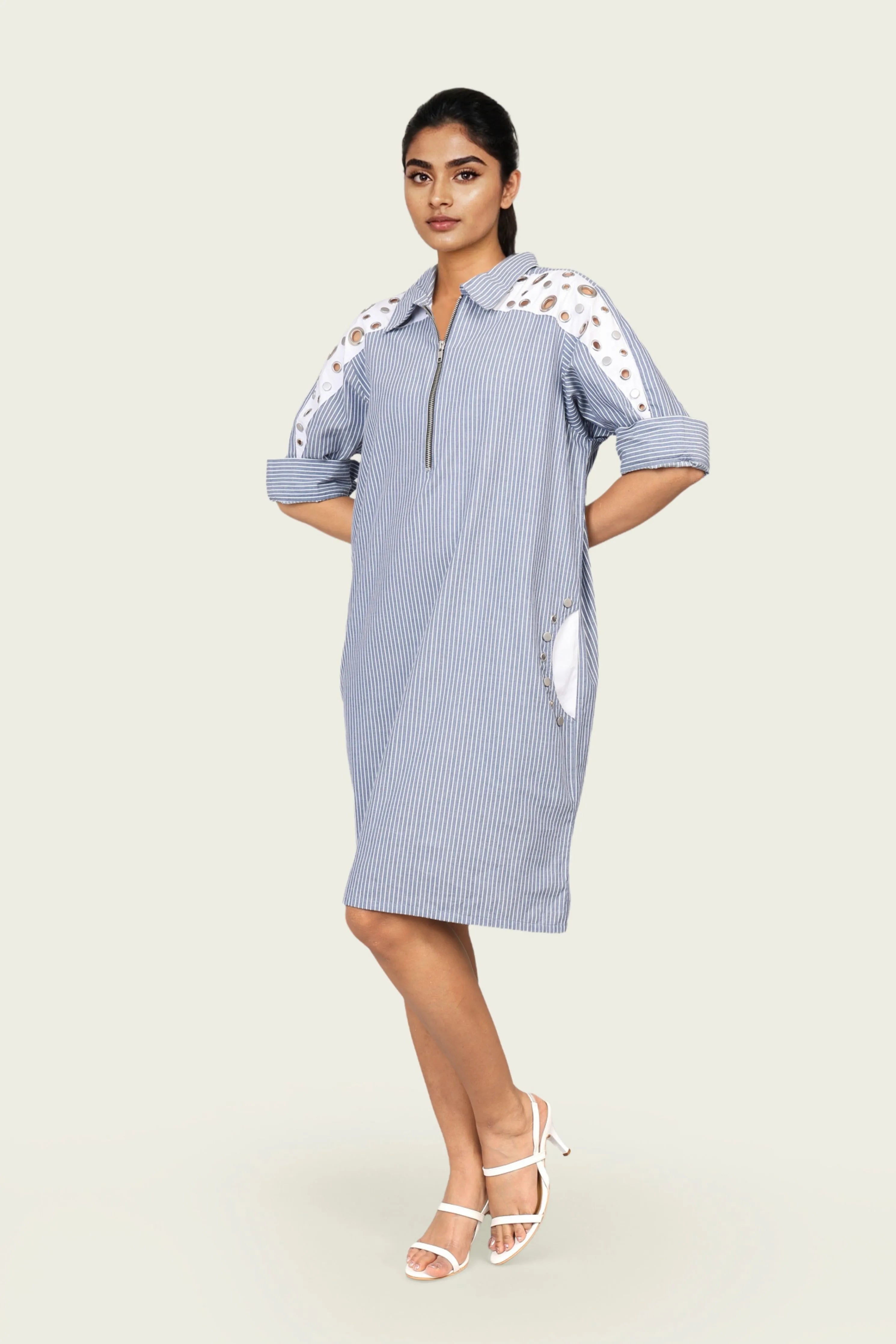 Blue and White Stripe One Piece Cotton Dress with Eyelets and Snap Buttons
