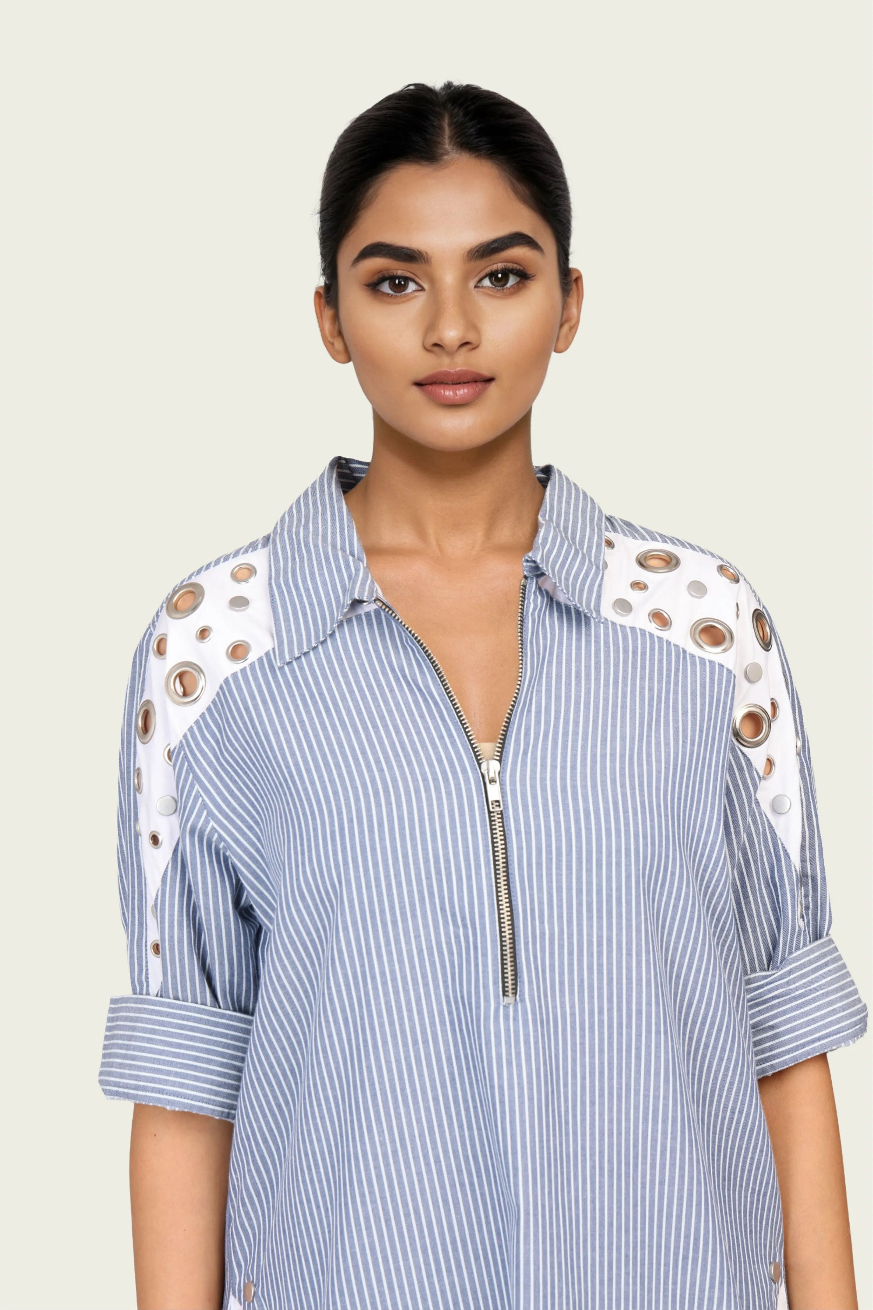 Blue and White Stripe One Piece Cotton Dress with Eyelets and Snap Buttons