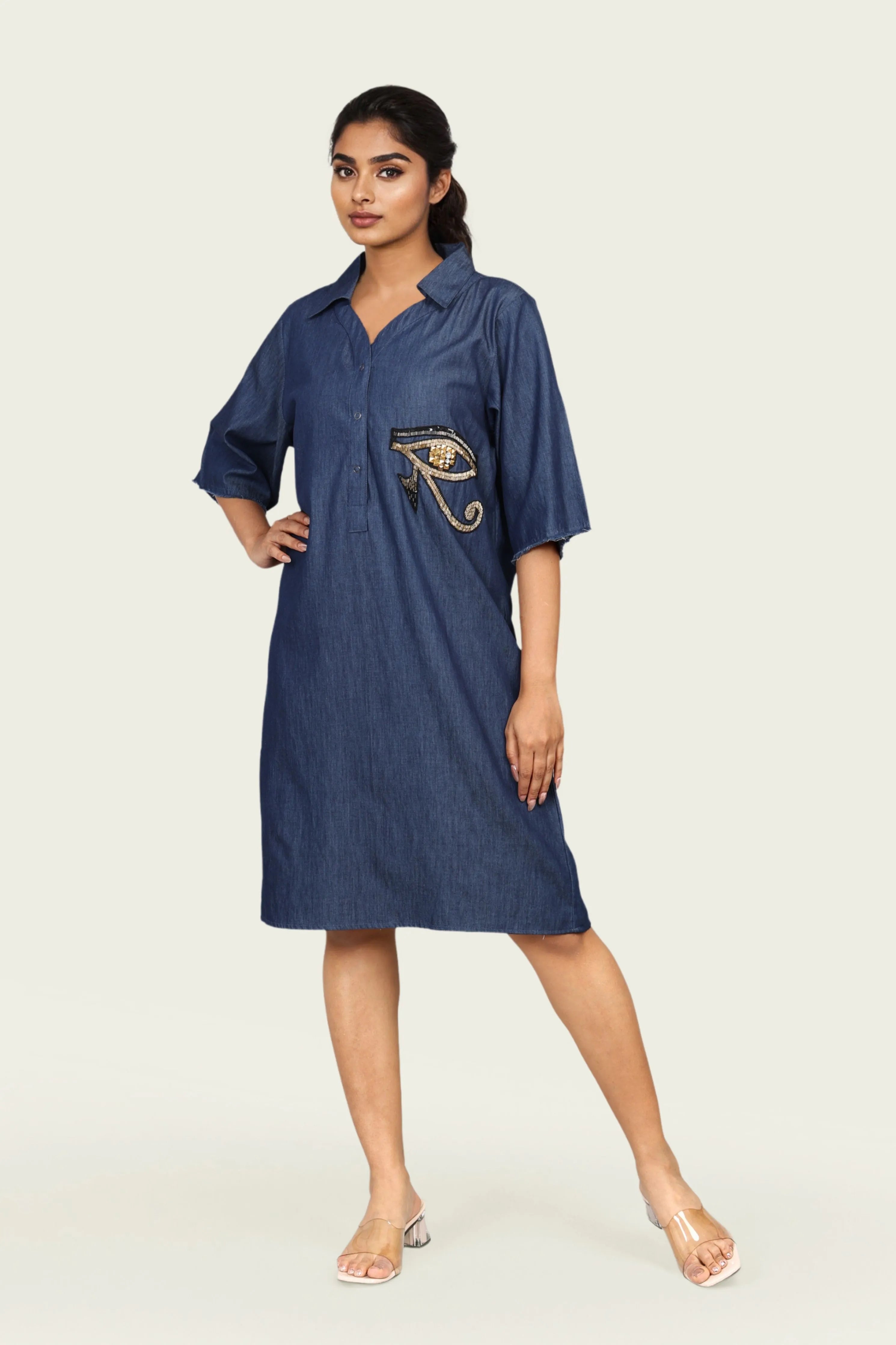 Denim Cotton One Piece Dress with Embroidery
