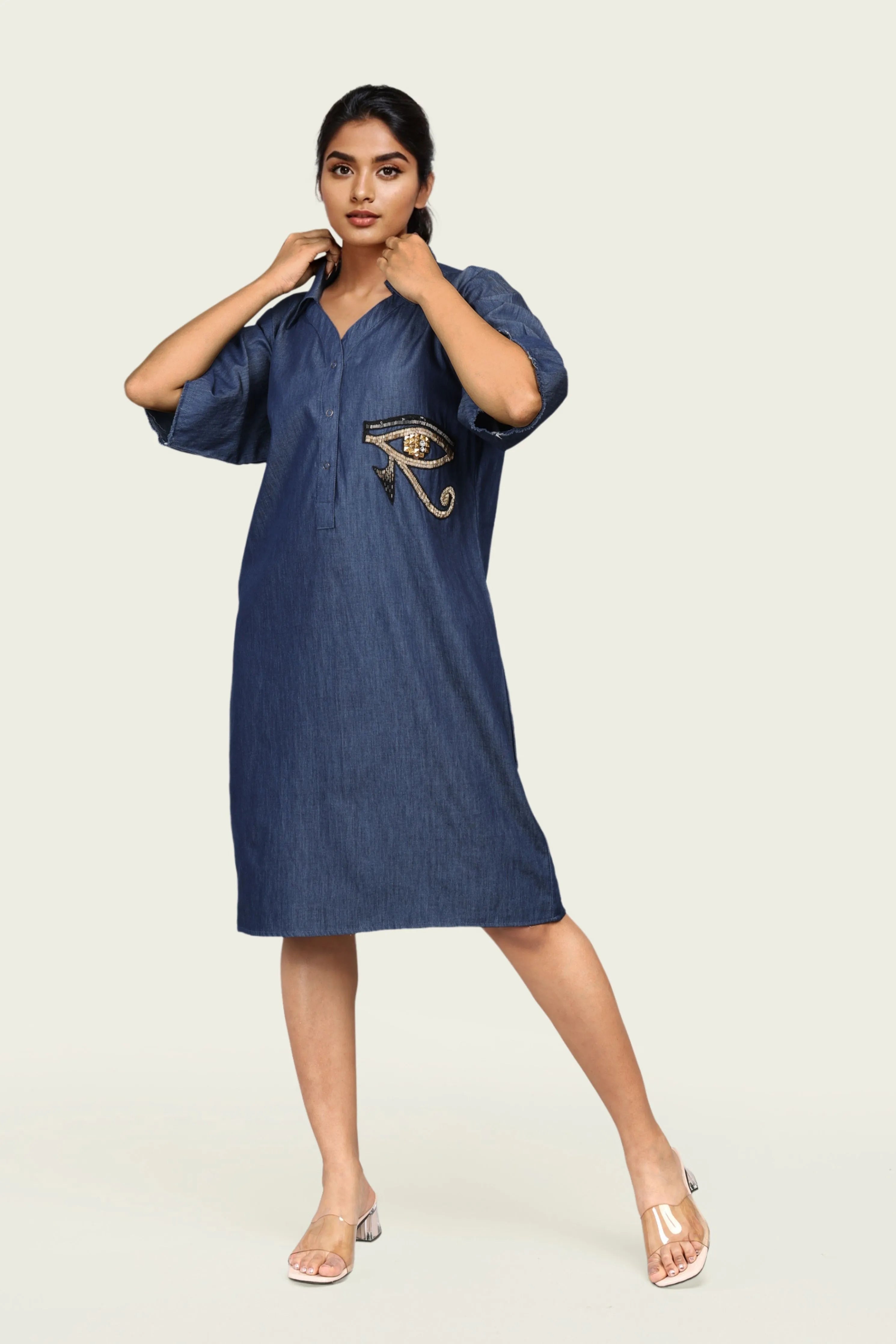 Denim Cotton One Piece Dress with Embroidery