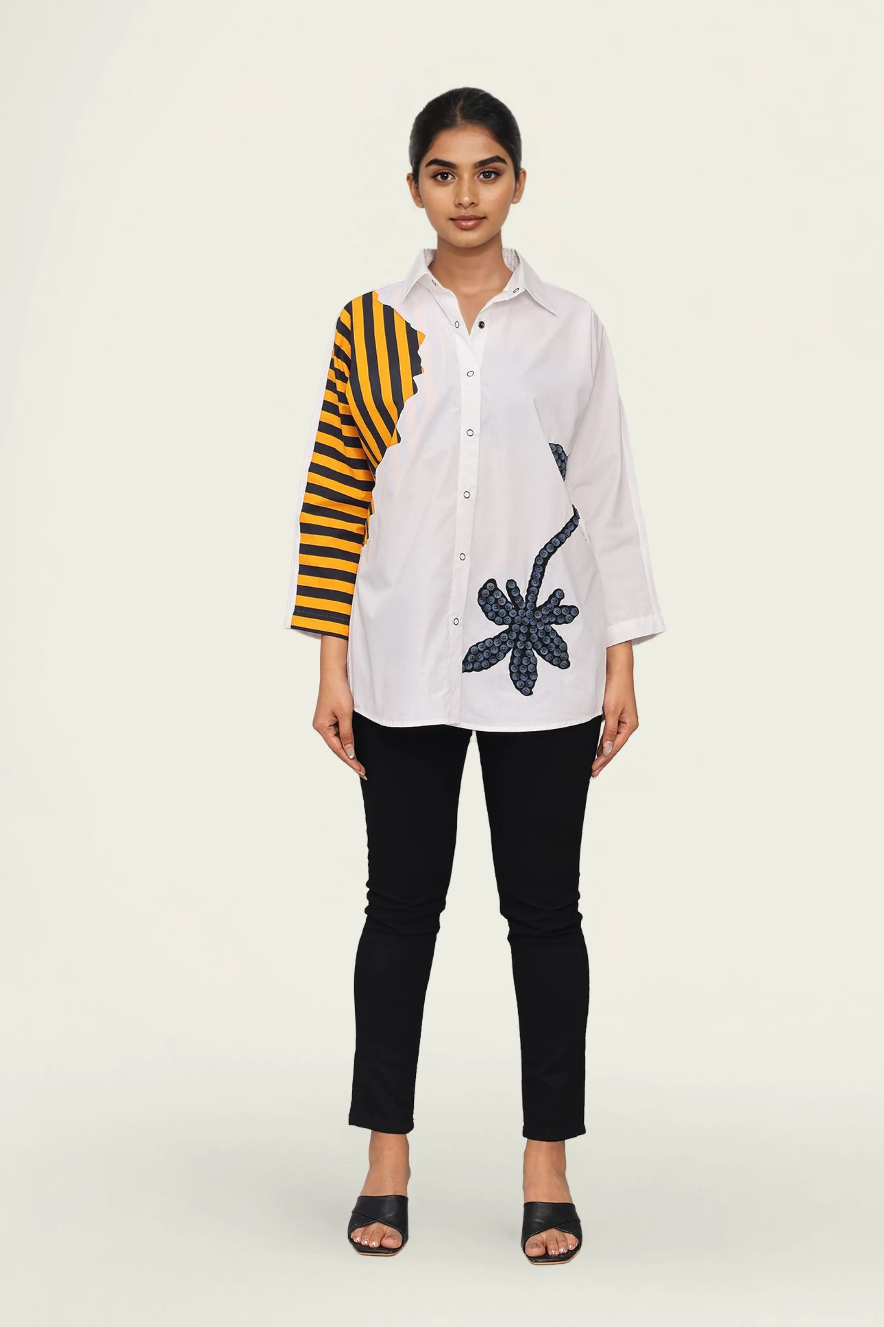 White and Stripe Combo Cotton Shirt with Embroidery