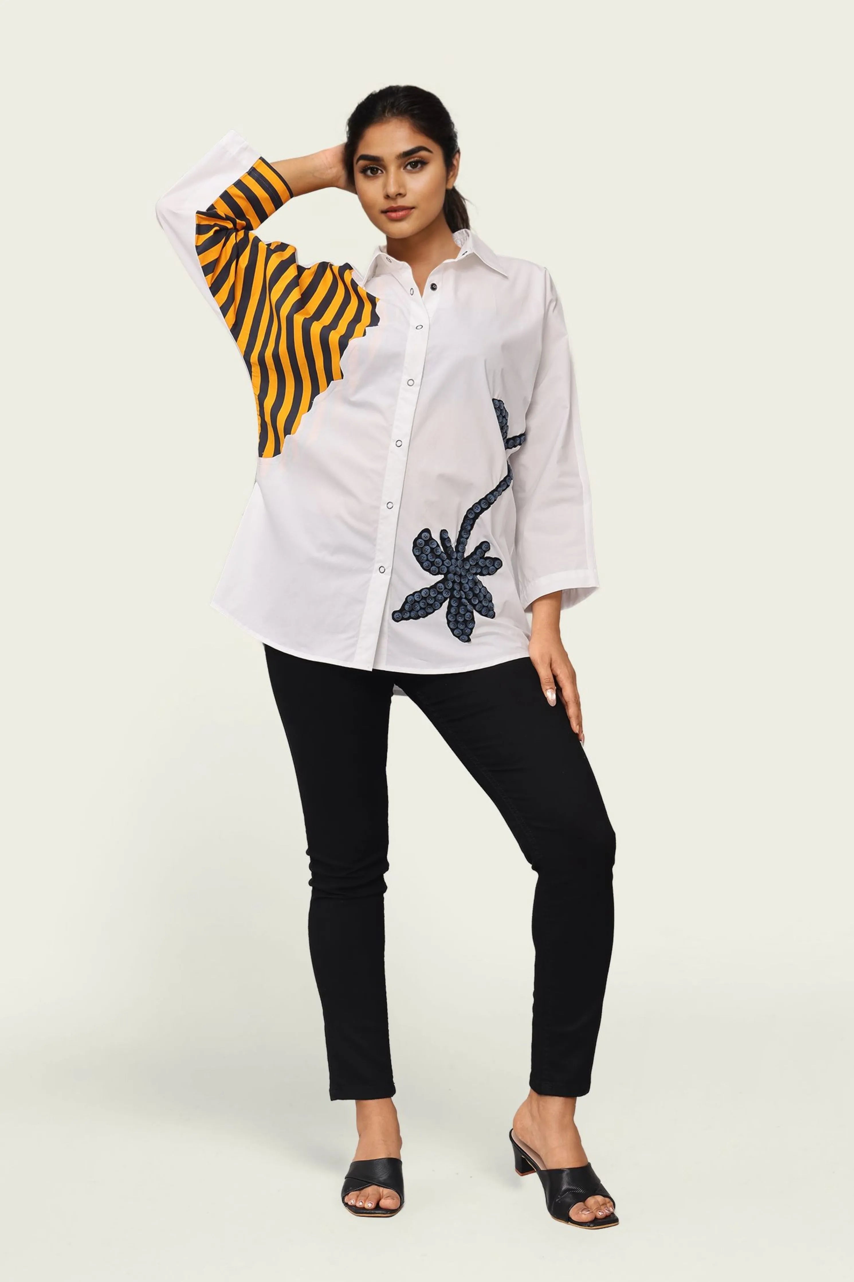 White and Stripe Combo Cotton Shirt with Embroidery