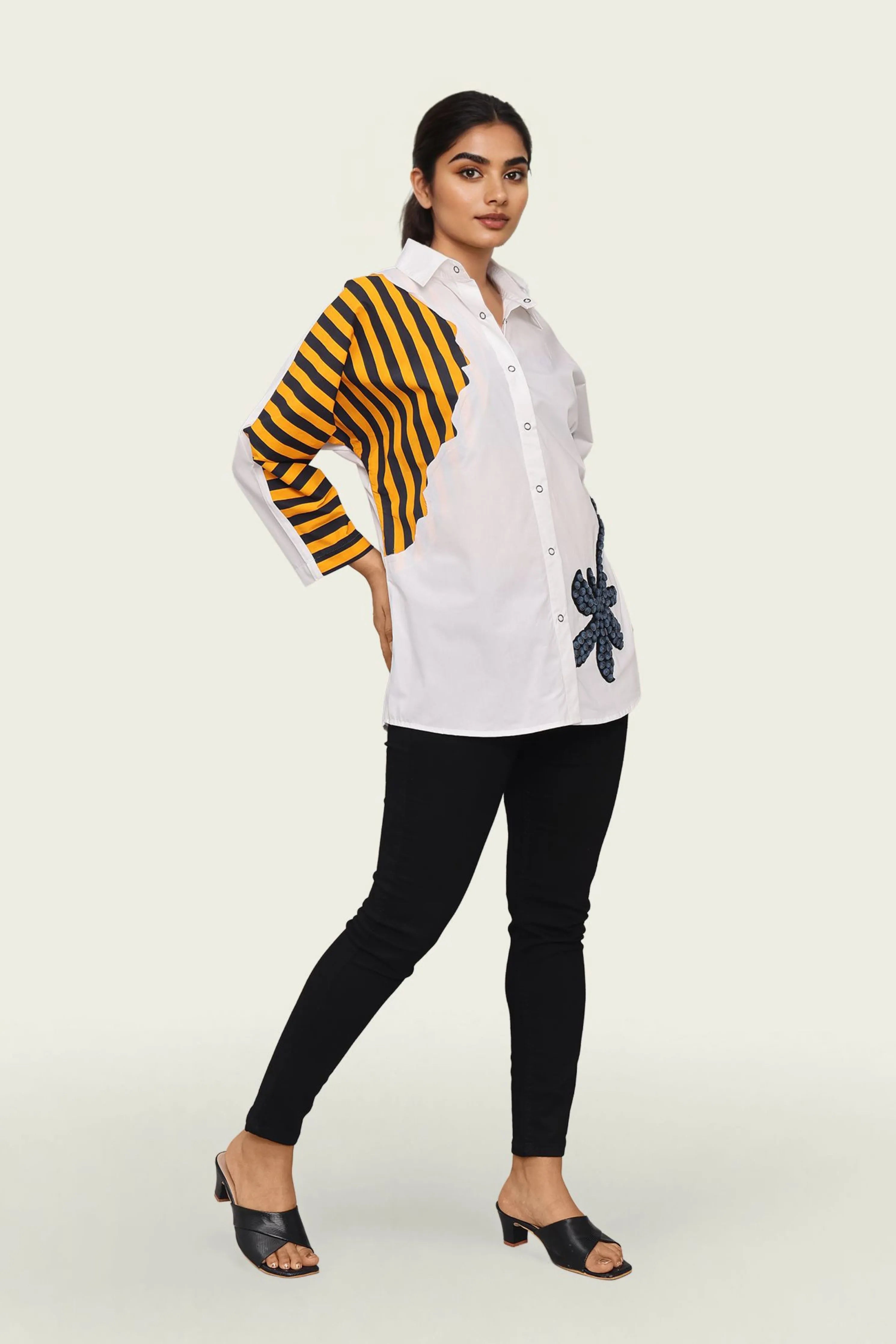 White and Stripe Combo Cotton Shirt with Embroidery