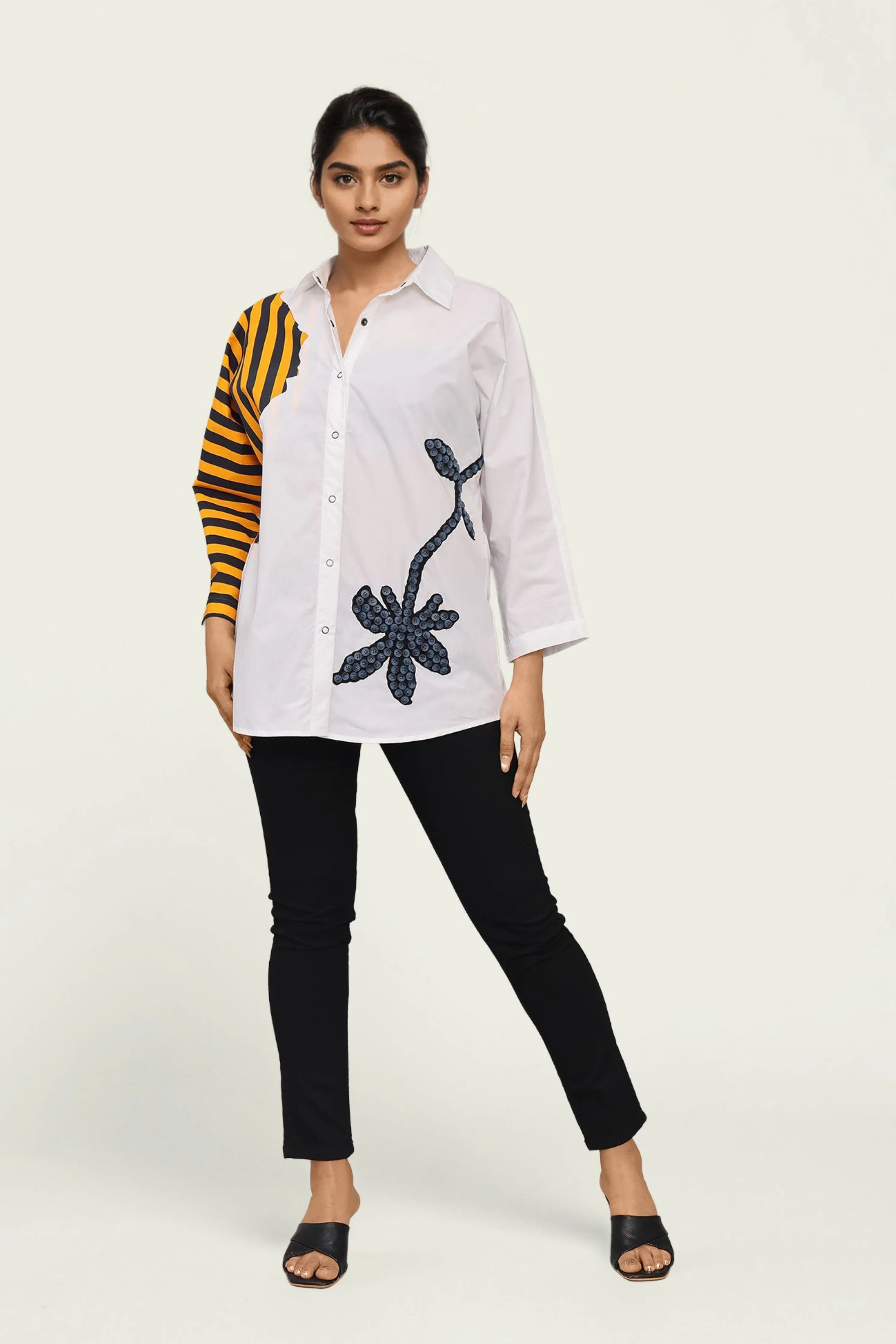 White and Stripe Combo Cotton Shirt with Embroidery