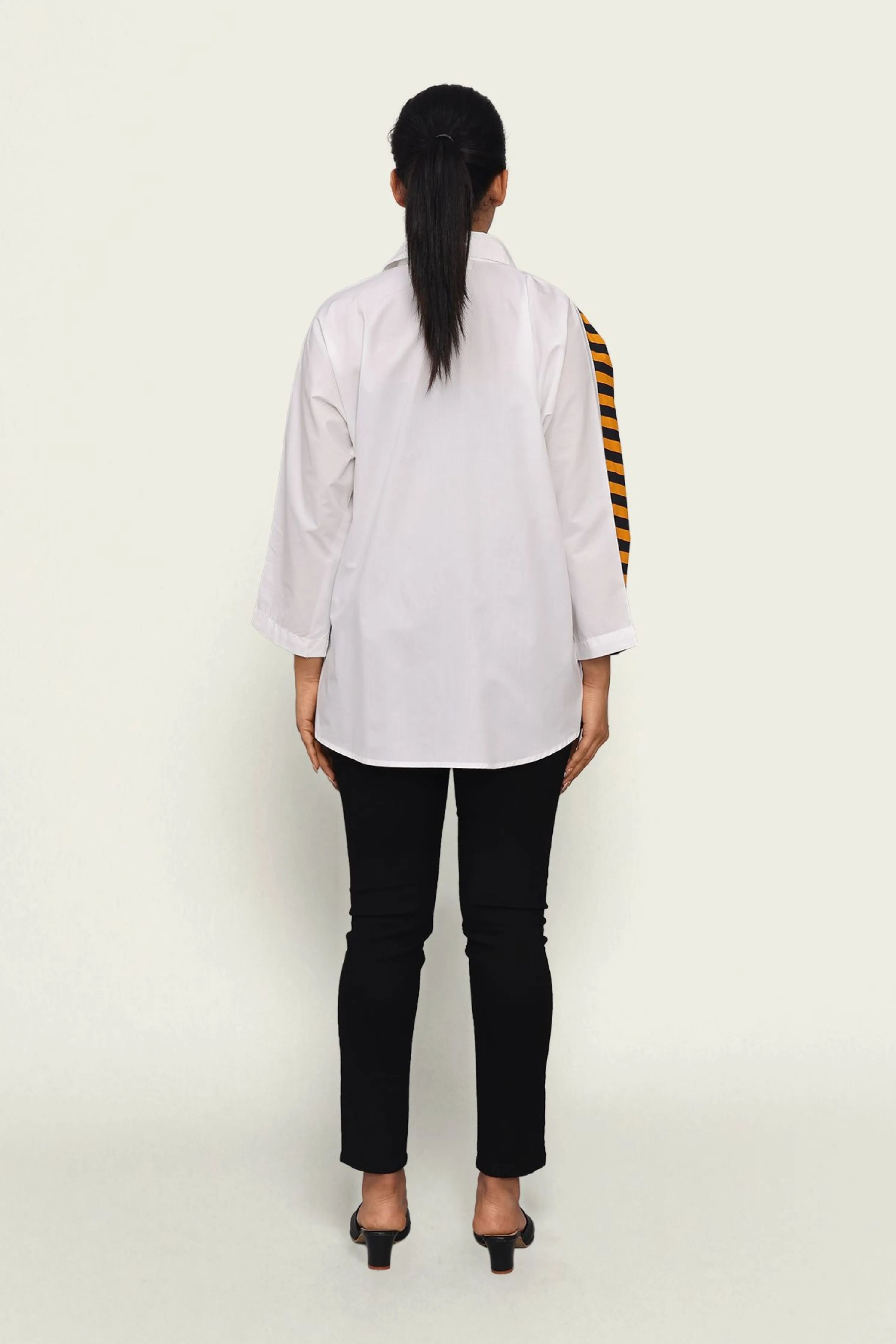 White and Stripe Combo Cotton Shirt with Embroidery