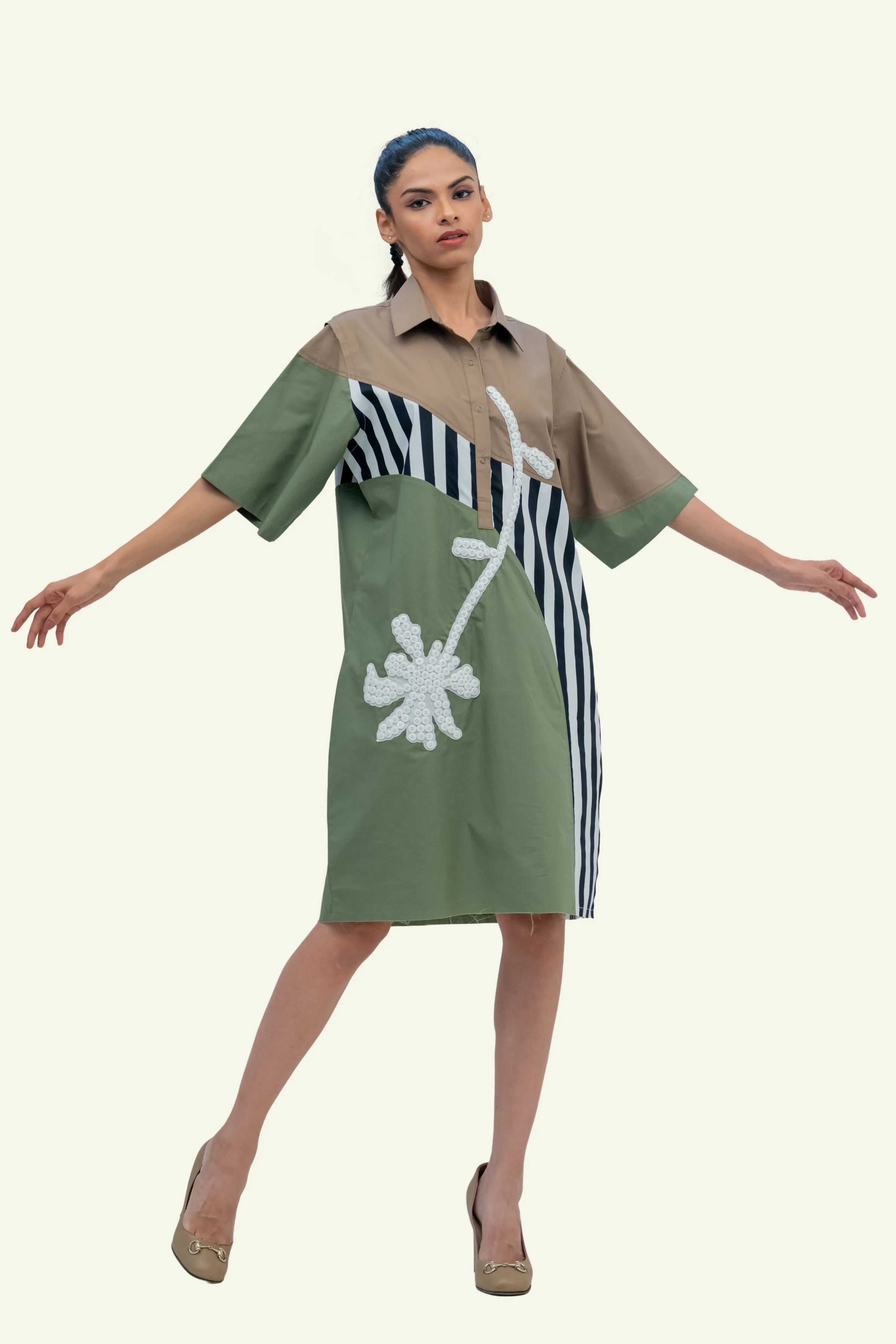 Olive Combo Cotton Dress with Embroidery
