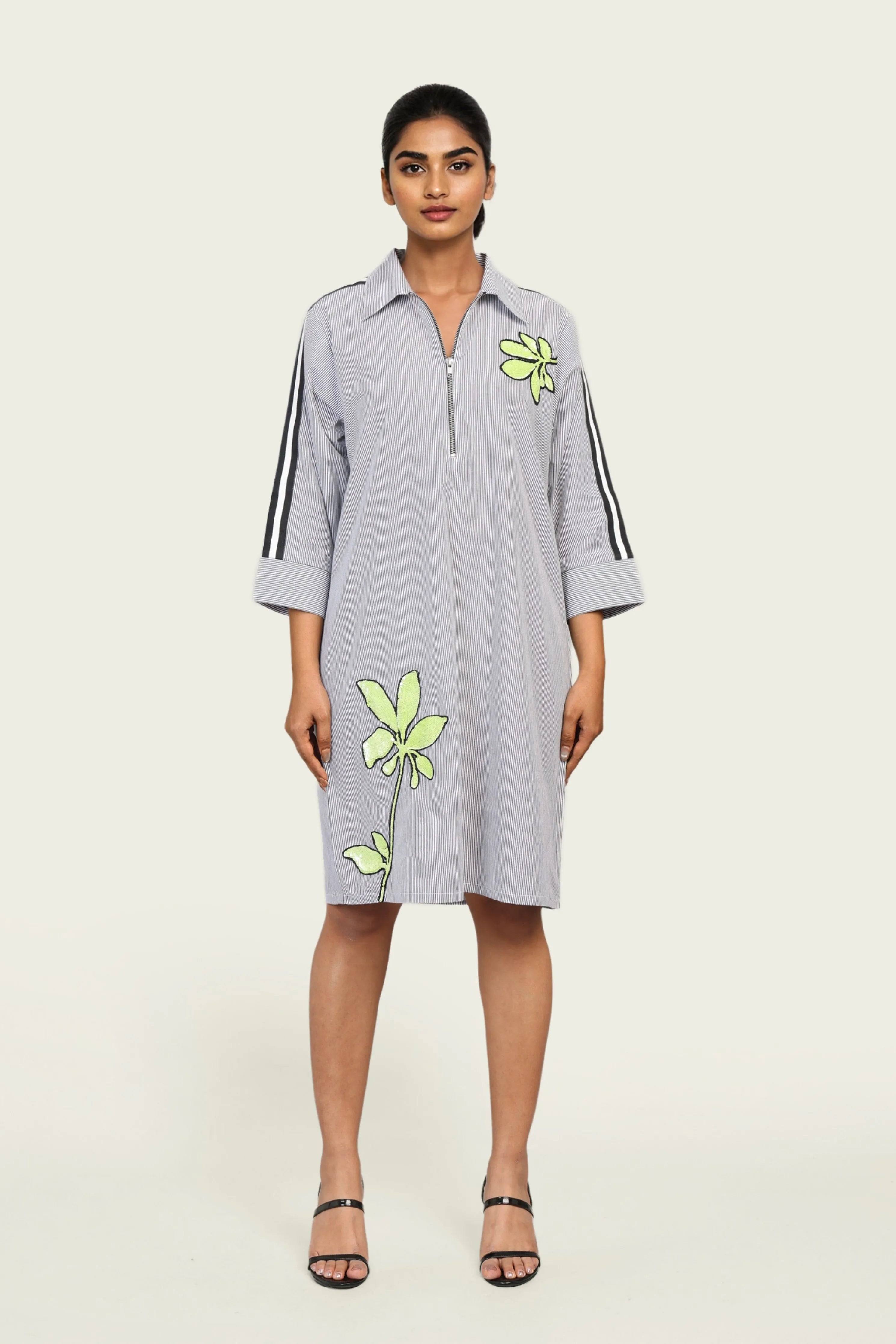 Black and White Pinstripe Cotton Dress with Embroidery