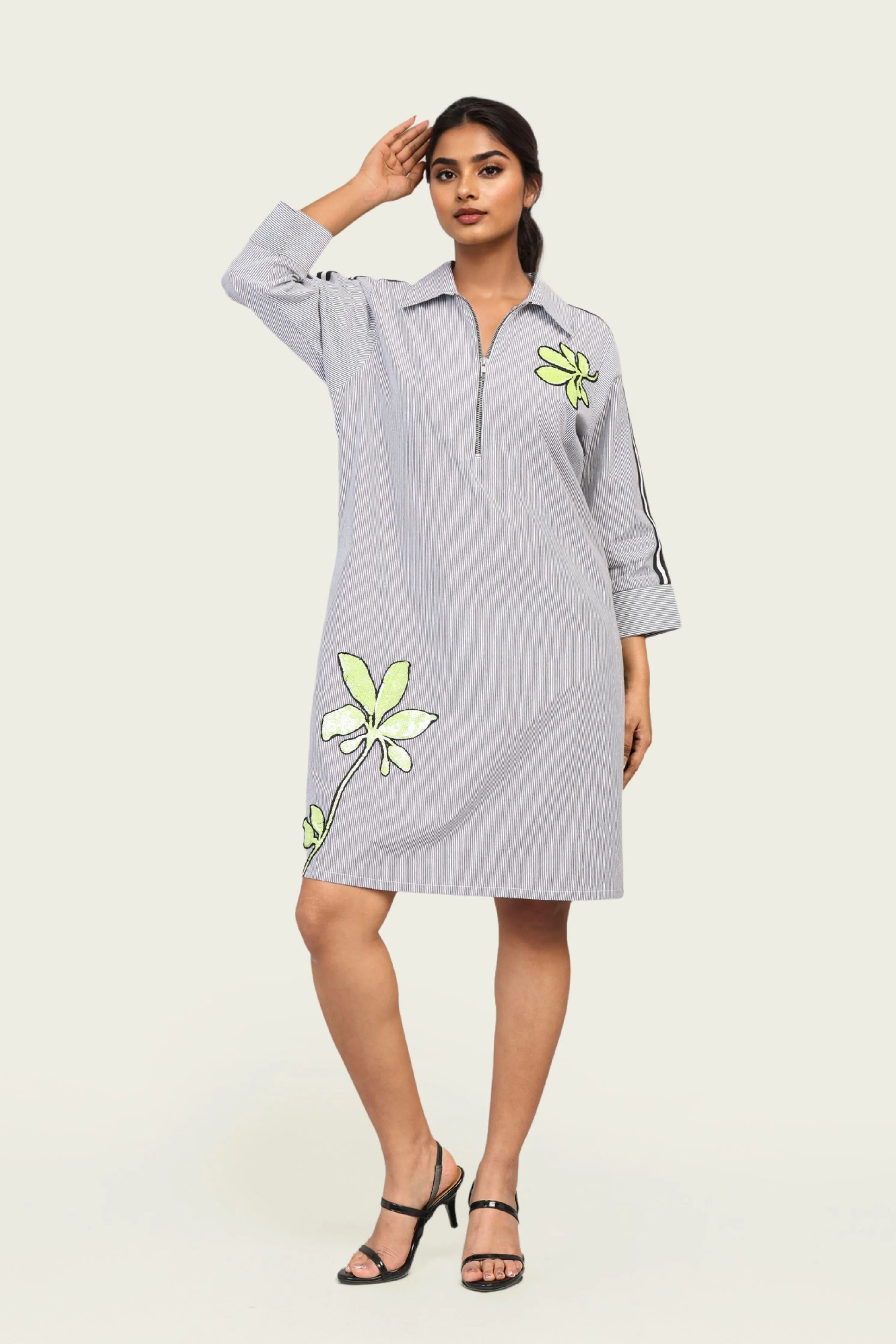Black and White Pinstripe Cotton Dress with Embroidery