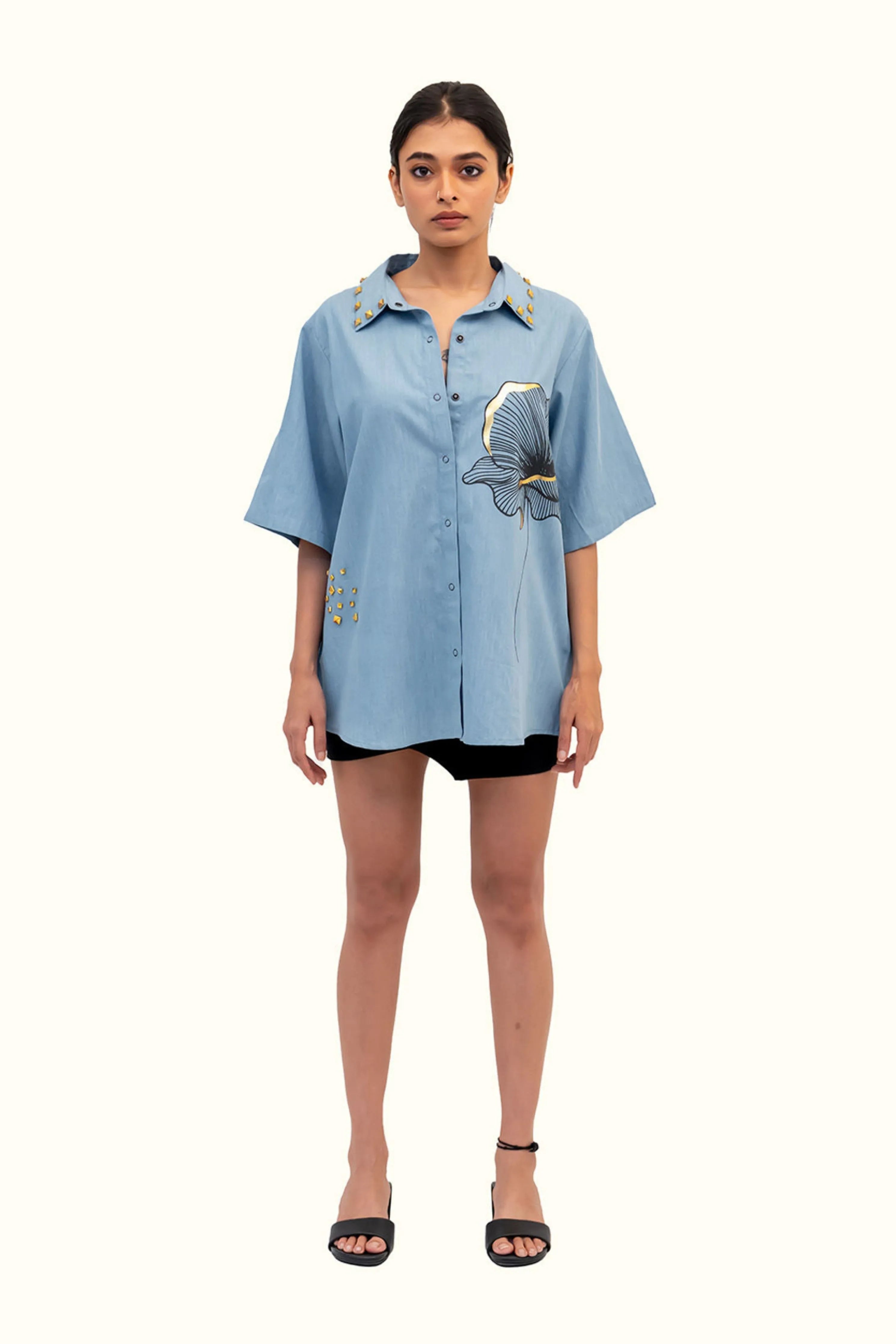 Blue Cotton Denim Shirt With Foil Print And Studs