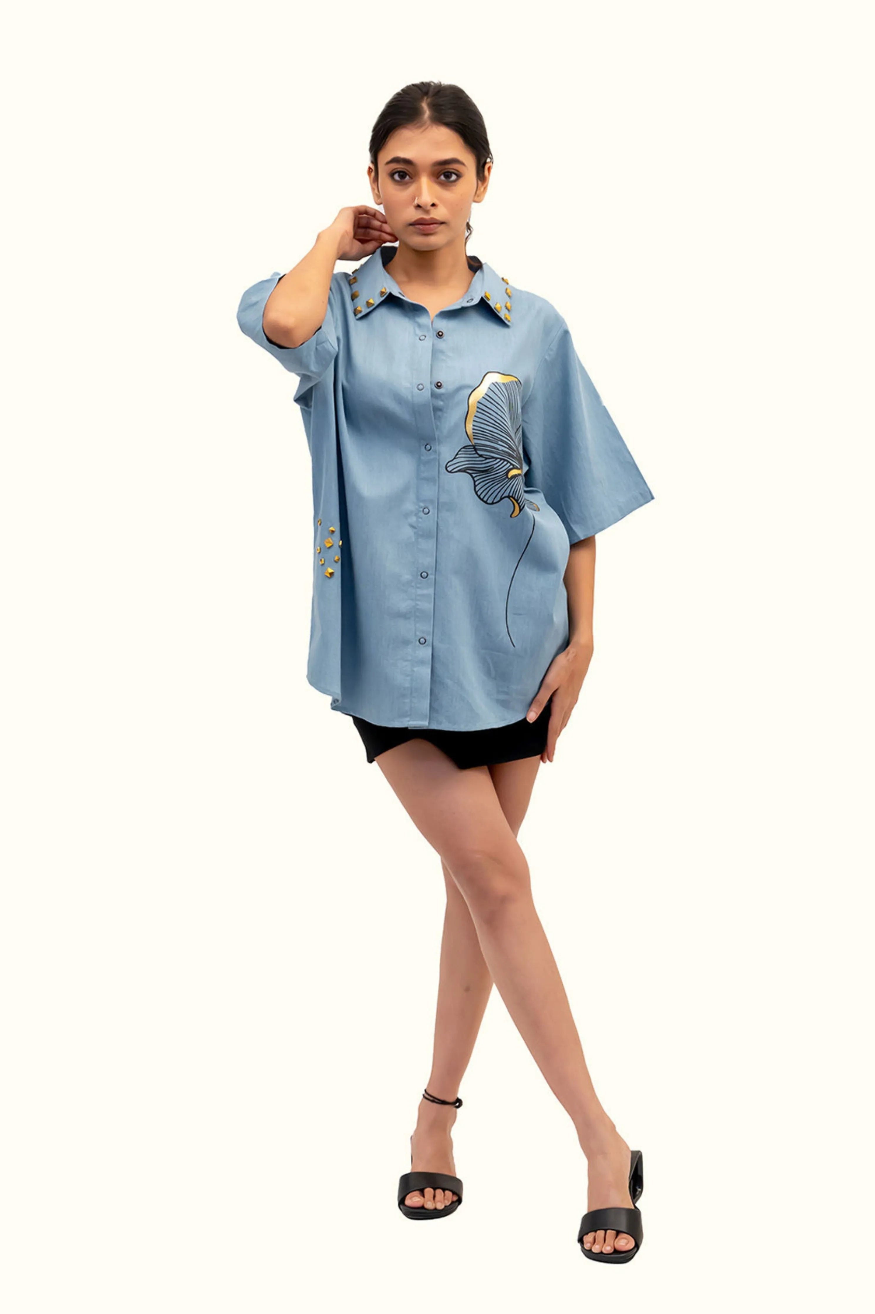 Blue Cotton Denim Shirt With Foil Print And Studs