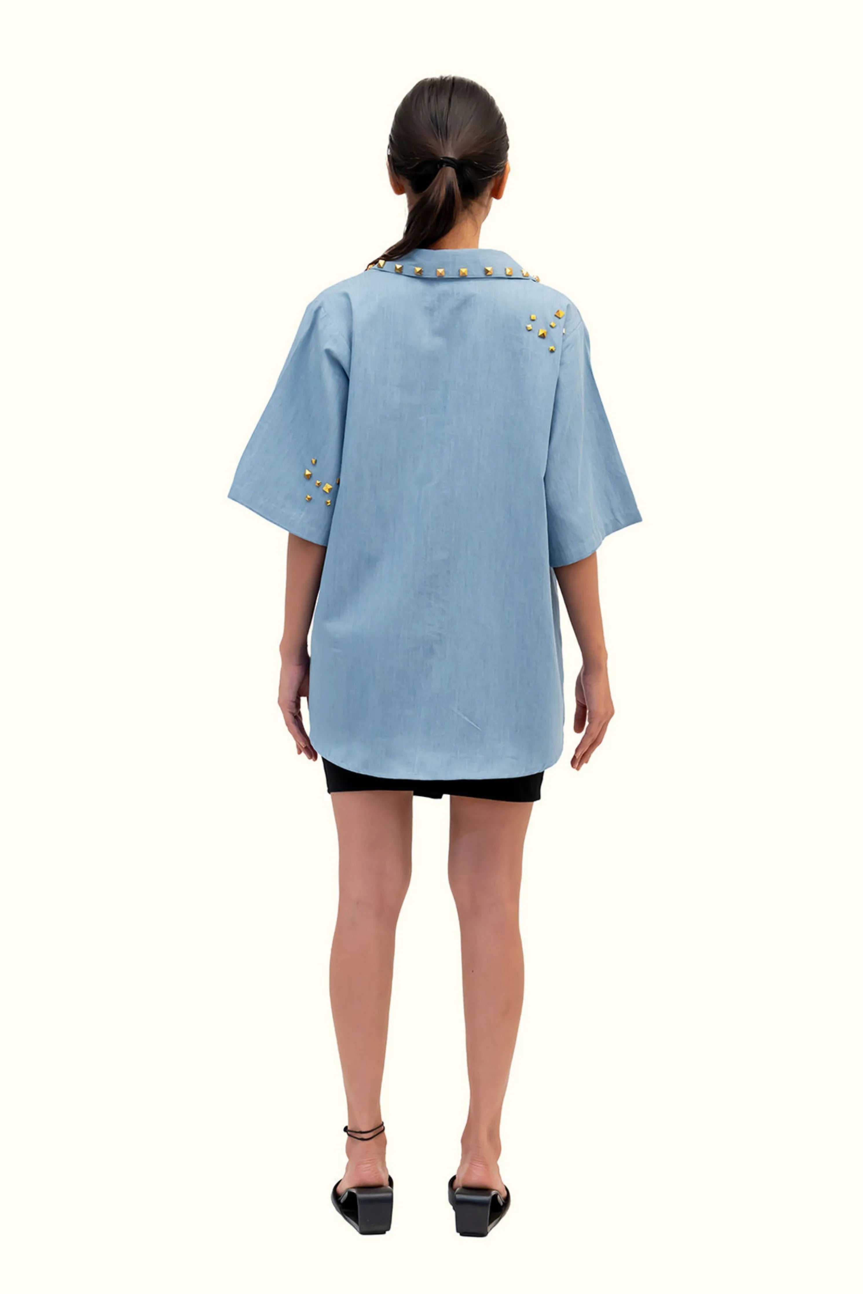 Blue Cotton Denim Shirt With Foil Print And Studs