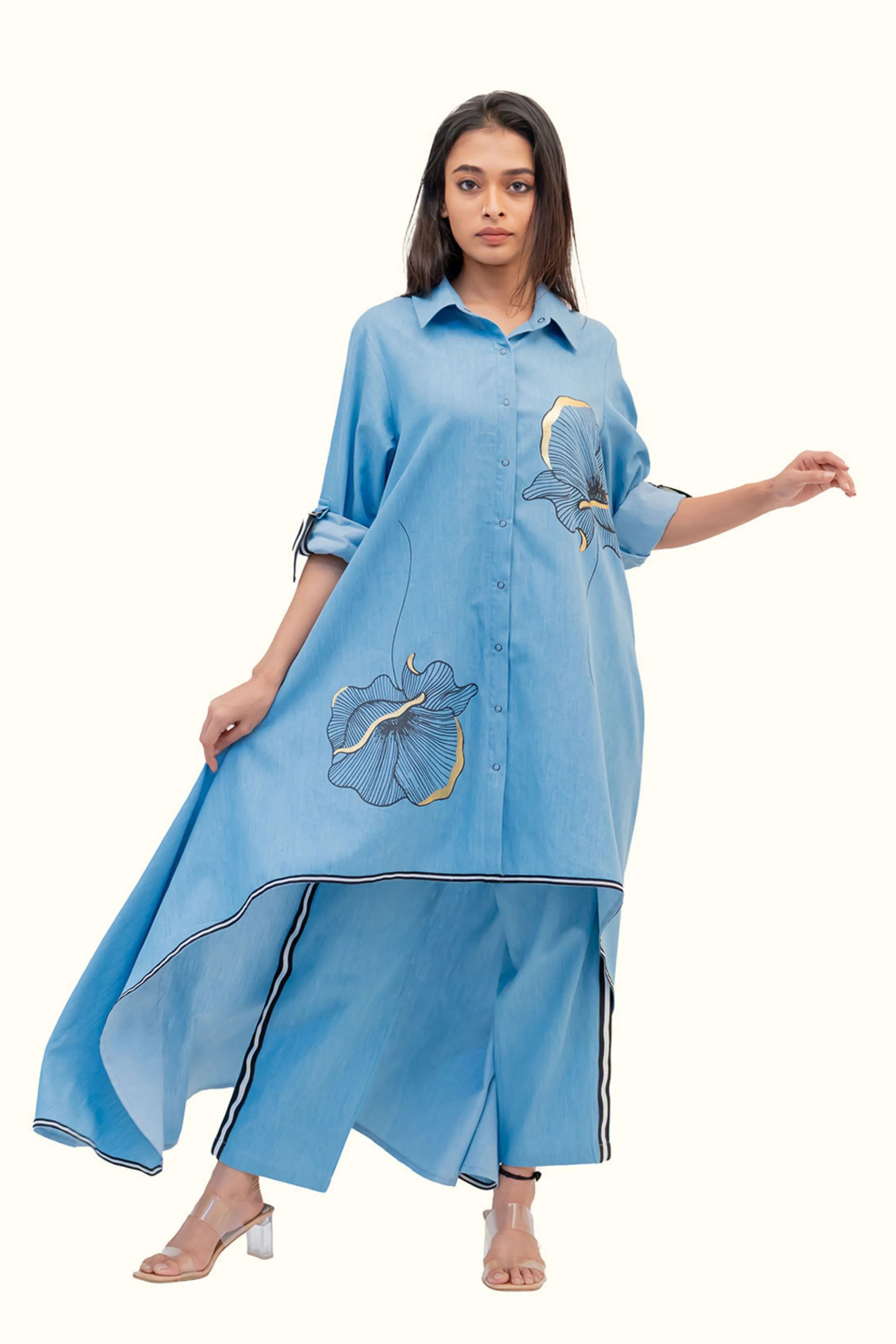 Blue Cotton Denim Tunic With Print