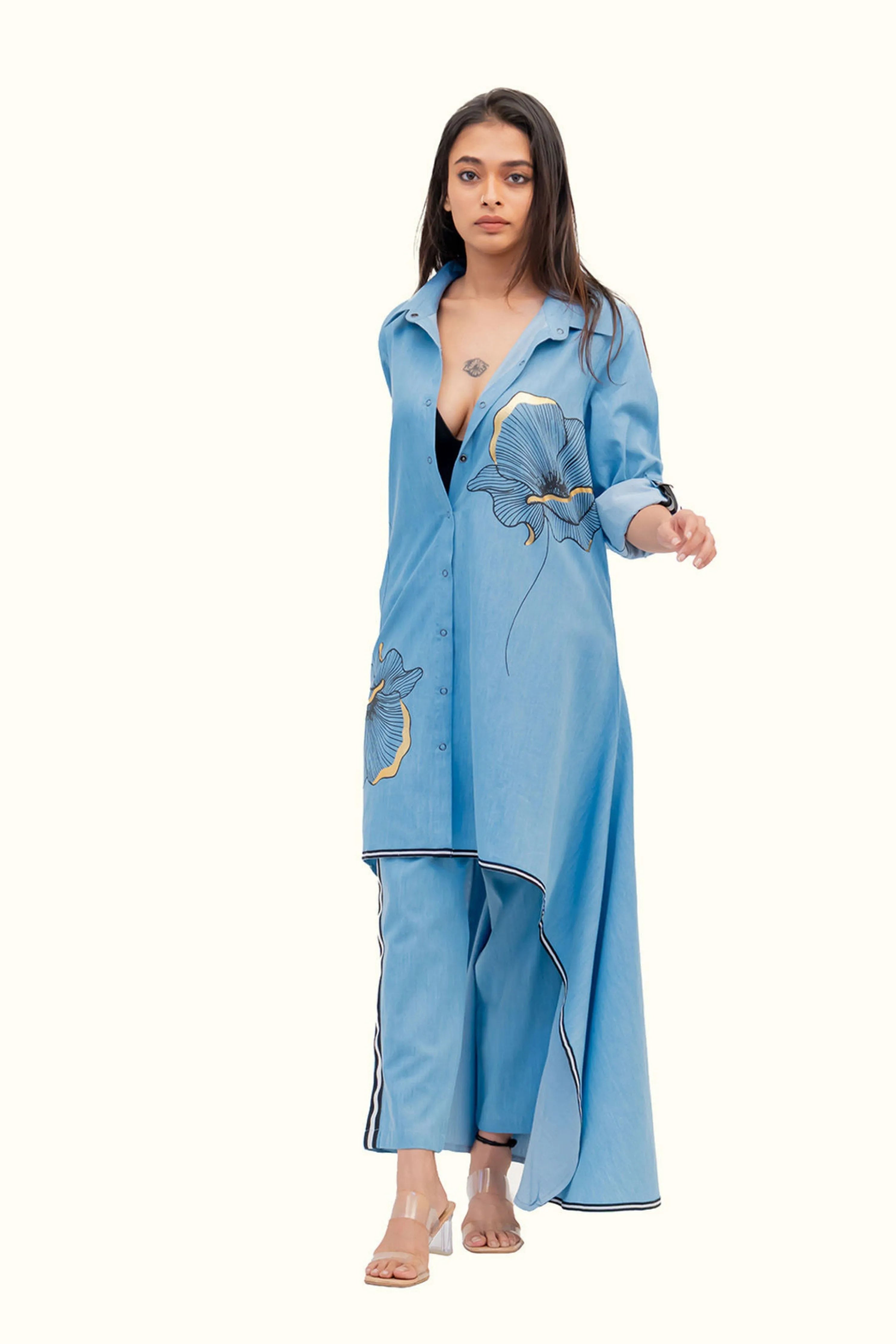 Blue Cotton Denim Tunic With Print