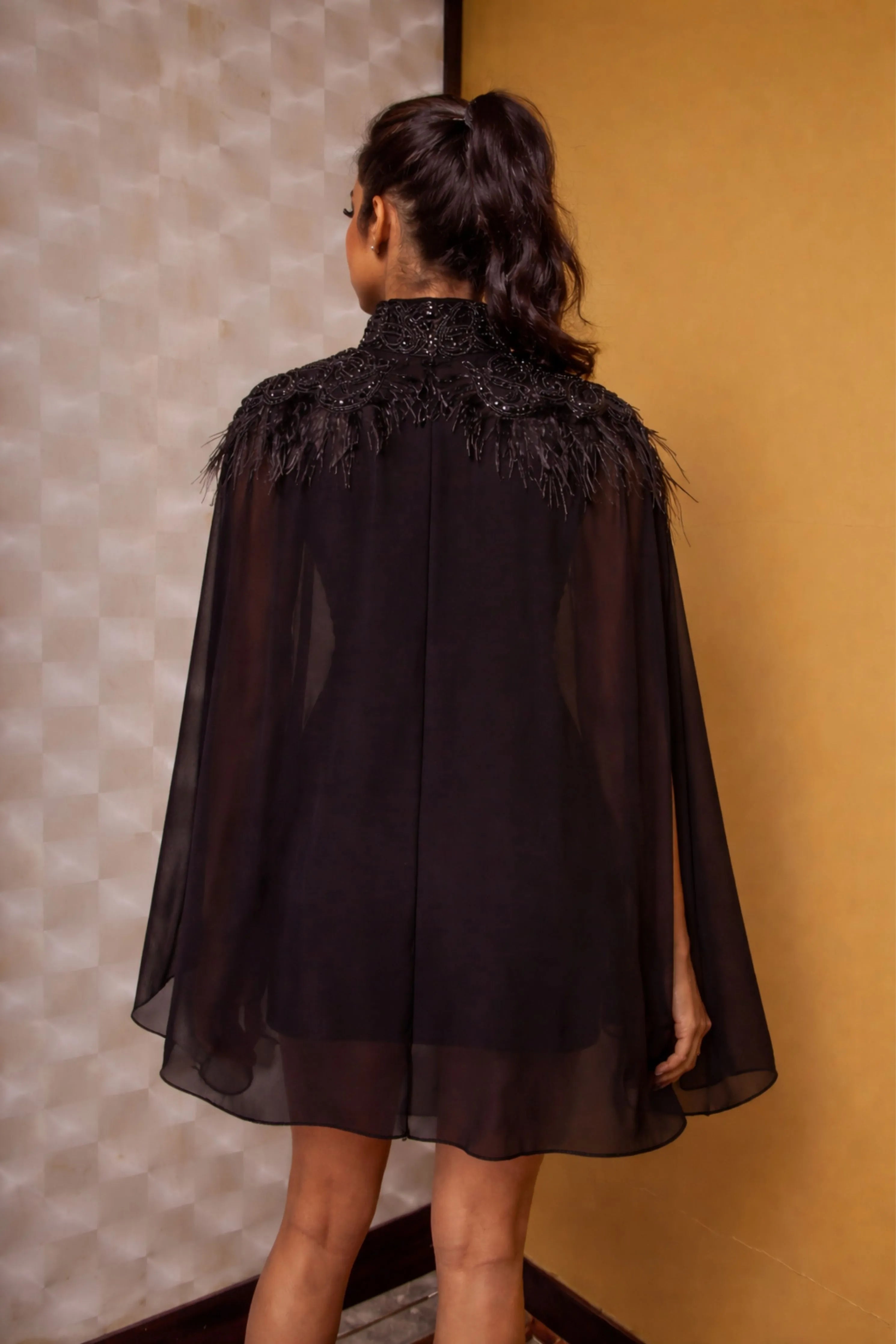 Black Georgette Front Open Cape With Black Embroidery