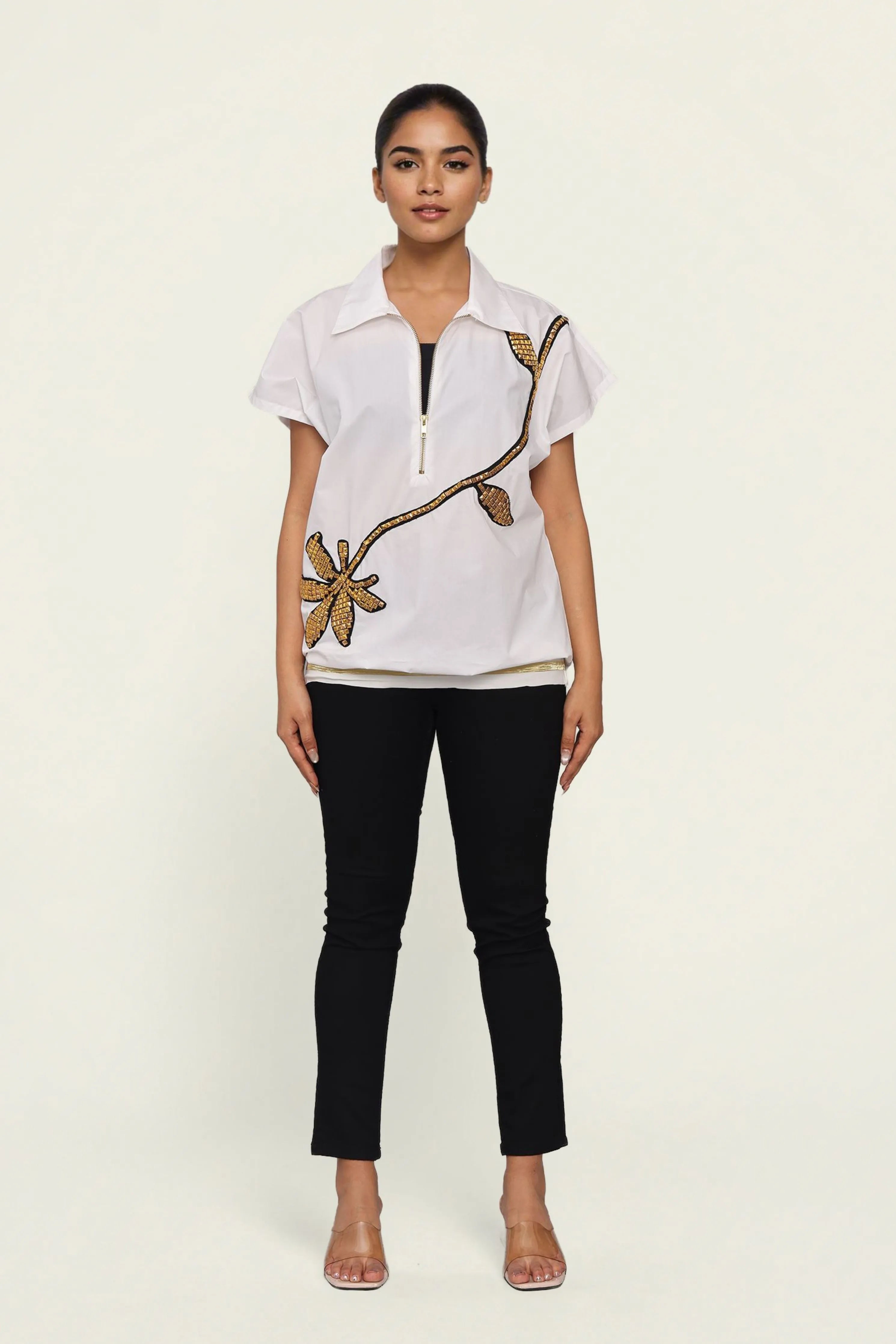 White Cotton Bomber shirt with Embroidery