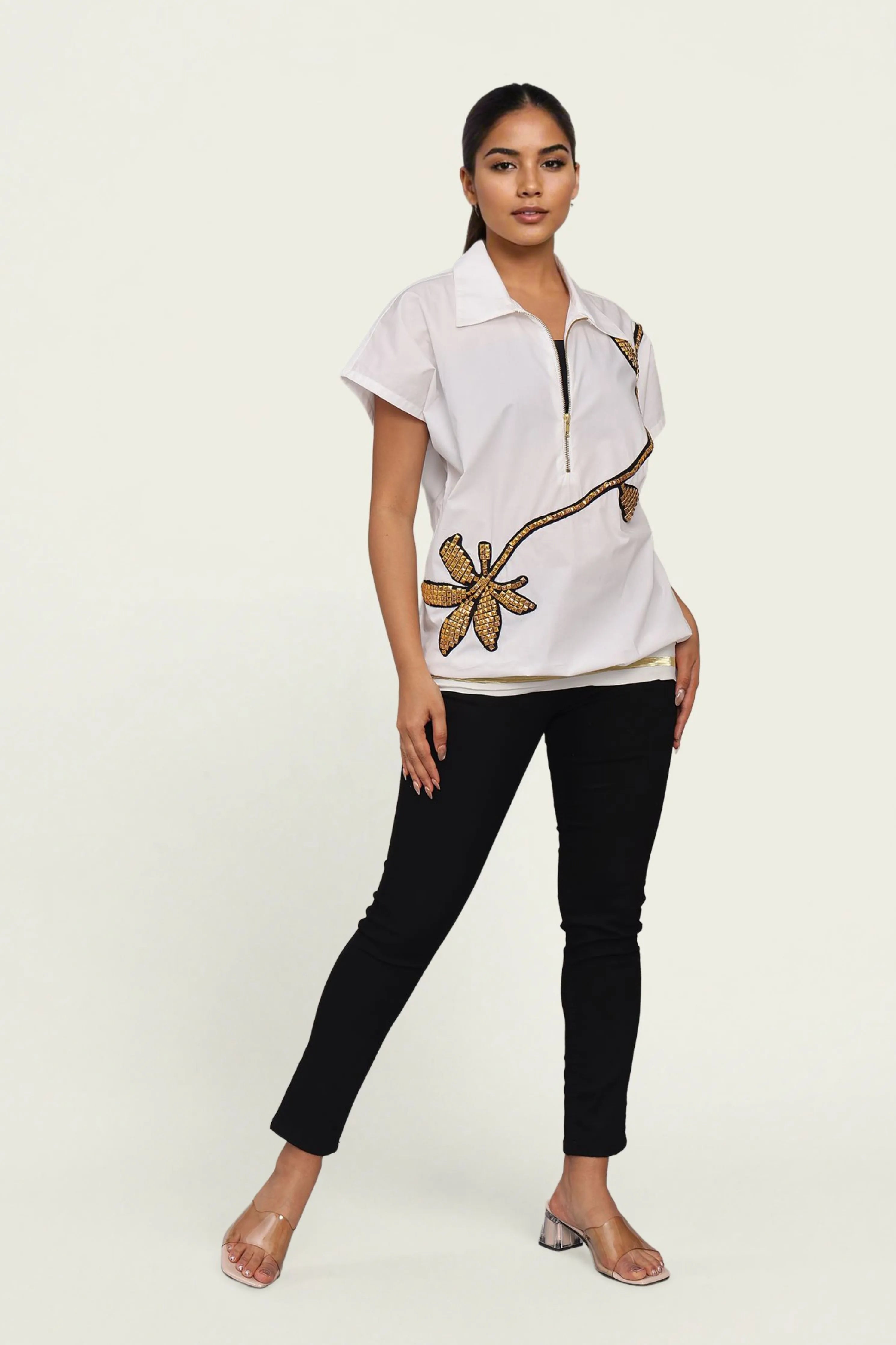 White Cotton Bomber shirt with Embroidery