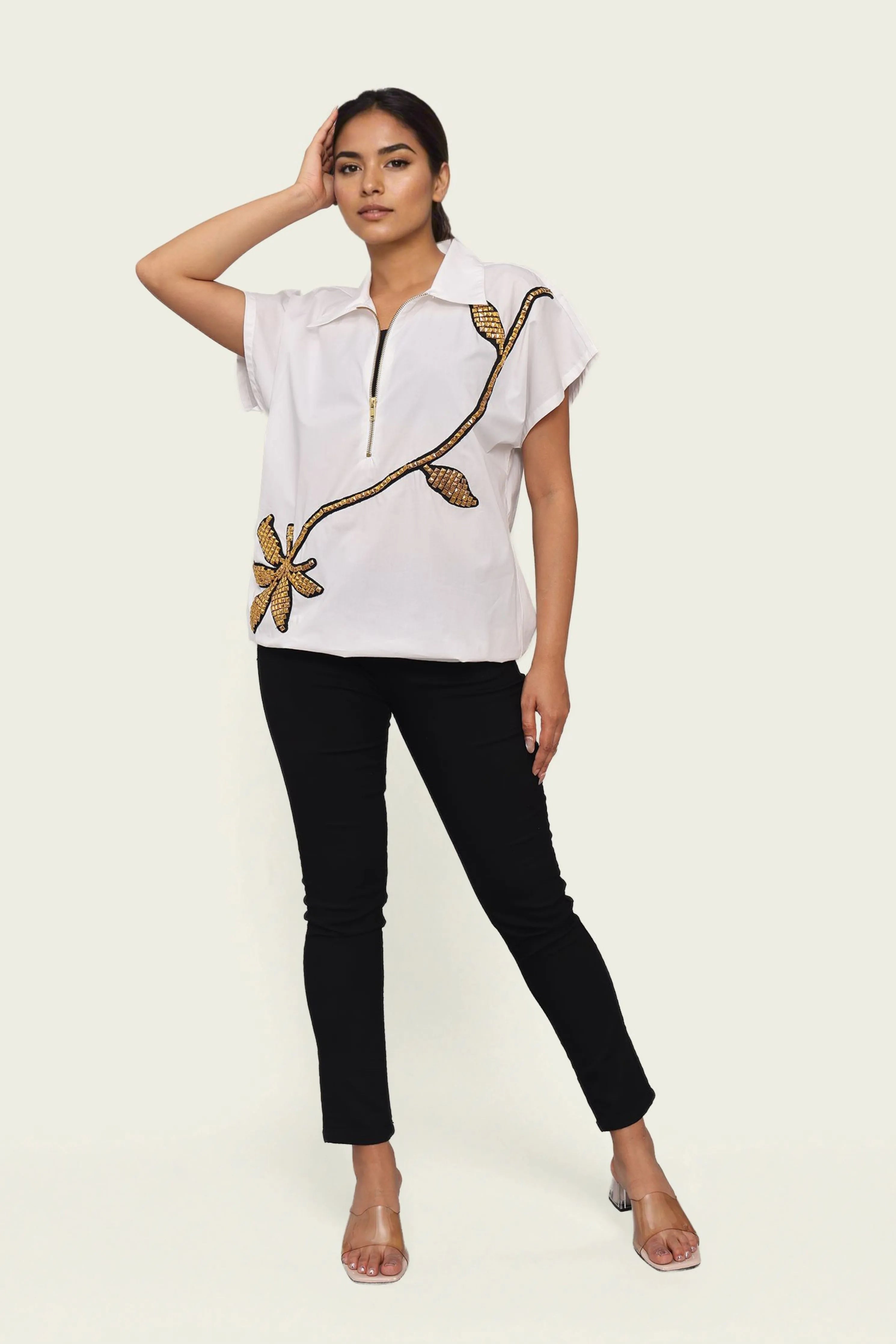 White Cotton Bomber shirt with Embroidery